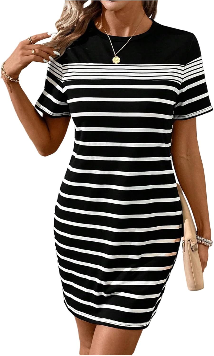 SweatyRocks Women's Striped Mini Dress Short Sleeve Round Neck Short T Shirt Dresses - Image 4