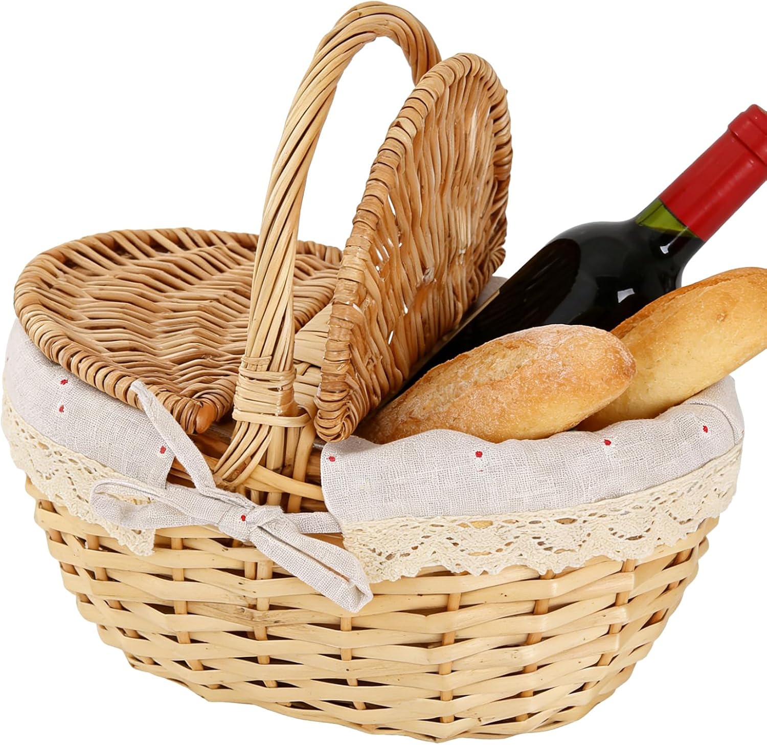 Wicker Picnic Basket - Rustic Organisation Container - Faux Wicker Organizing Basket,for Dining Room Kitchen Hiking Travel Camping Breads Drinks Snacks Fruits