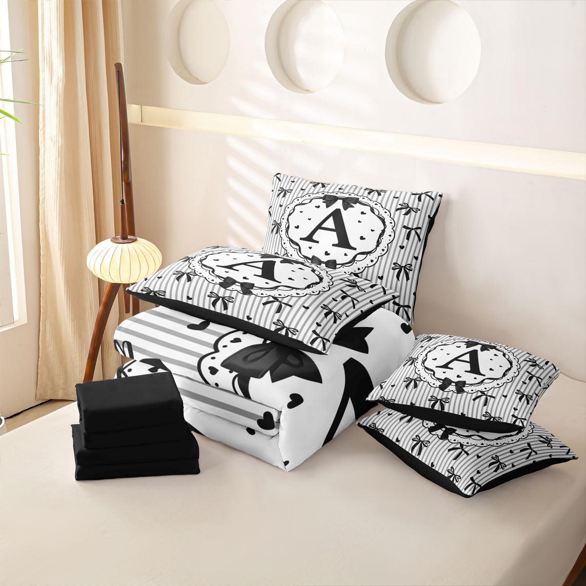 Loussiesd Set di biancheria da letto per bambini e ragazzi, con copripiumino e federe, per letto singolo, 7 pezzi, con copripiumino, lenzuola, federe, federe per cuscini, colore: nero