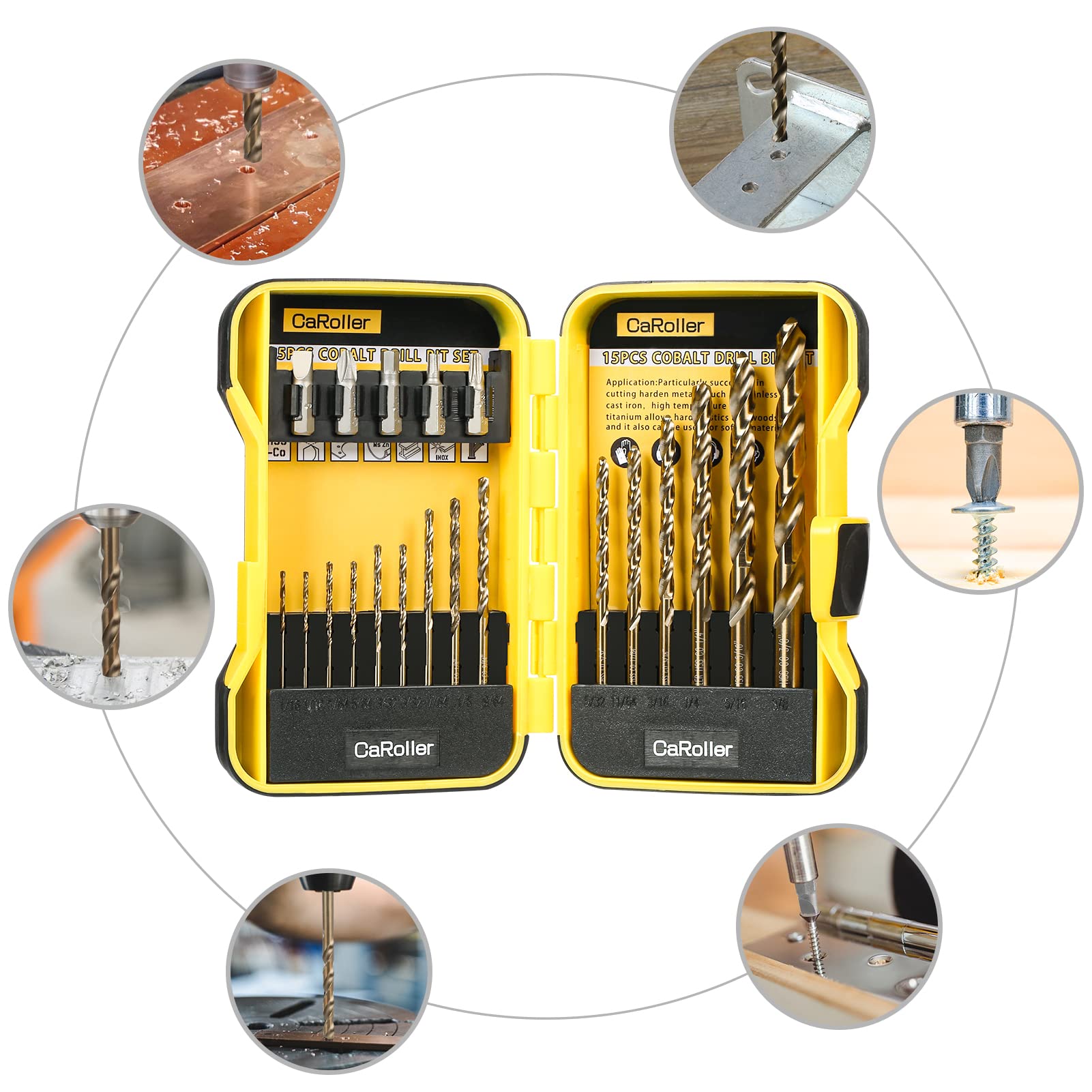 CaRoller Juego de 15 brocas de cobalto M35 de acero de alta velocidad para metal endurecido, acero inoxidable, hierro fundido, madera y plástico con vástago redondo, almacenamiento de caja de plástico