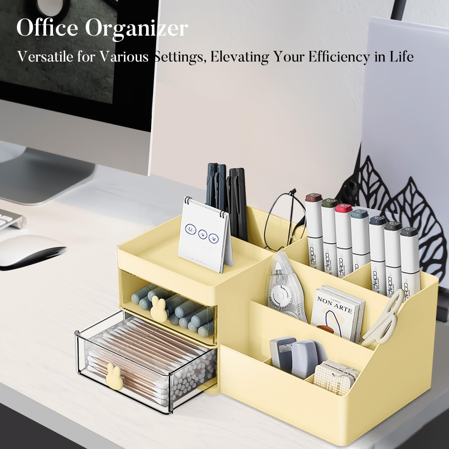 Makeup Organizer, Cosmetic Desk Storage Box with Drawers Skincare Organizers for Dressing Table, Countertop, Bathroom Counter, Vanity Holder for Brushes, Lotions, Lipstick, Perfume (Yellow-Clear) - Image 7