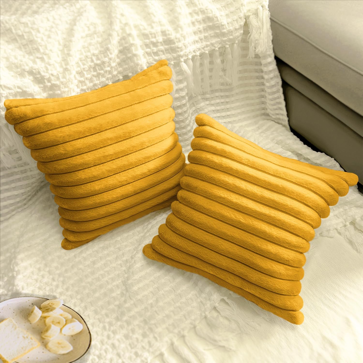 2 Pack 18x18 Pillow Cover Velvet Pillow Covers, Faux Fur Square Throw Pillow Covers for Living Room Decorations Throw Pillow Case, Throw Pillow Cover Cushion Cover for Sofa Bedroom Car, Mustard Yellow
