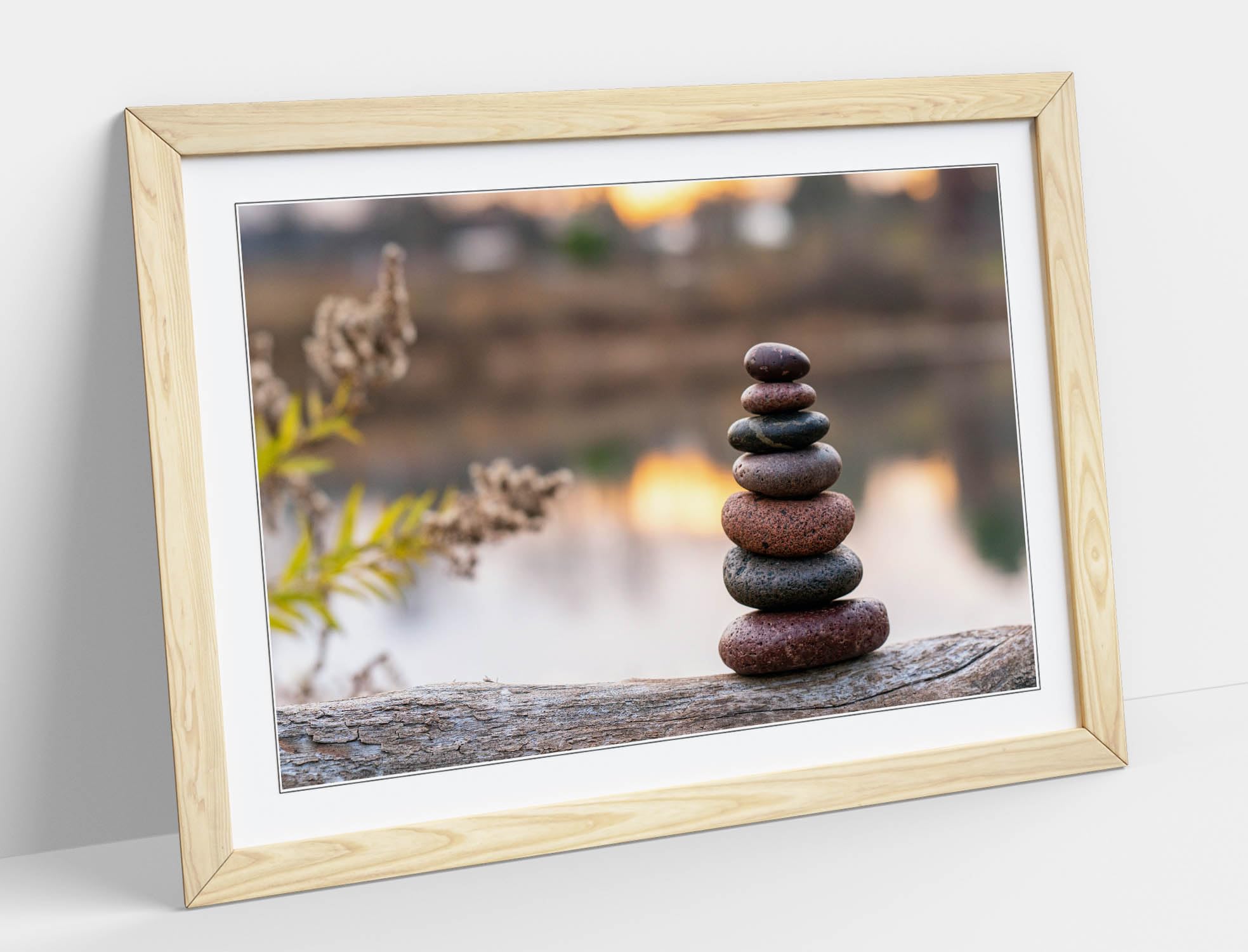 brown stone stack on tree trunk Stunning Framed Wall Art Print Picture - A3 - Light Oak Frame