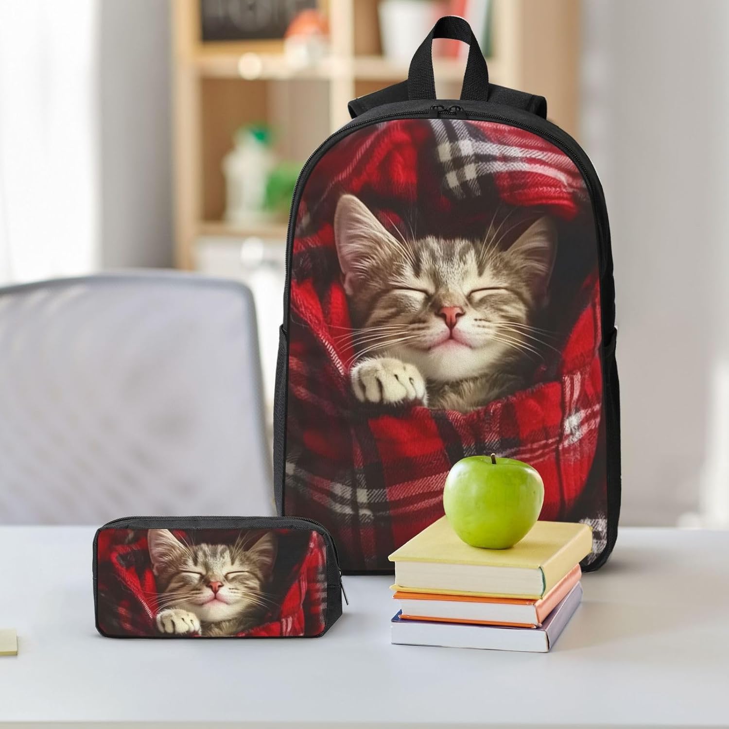 Cat Kid Backpack Set with Lunch Bag & Pencil Case Large Capacity School Bag 17 Inch Bookbag for Boy Girl - Image 8
