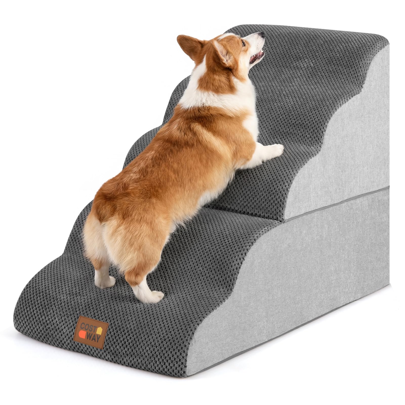 COSTWAY Escalera para Perros 4 Peldaños de Espuma, Rampas Rerros Transformables de Alta Densidad con Base Antideslizante, Funda Lavable, Rodillo Quita Pelusas, para Sofás y Camas (85 x 40,5 x 56 cm)