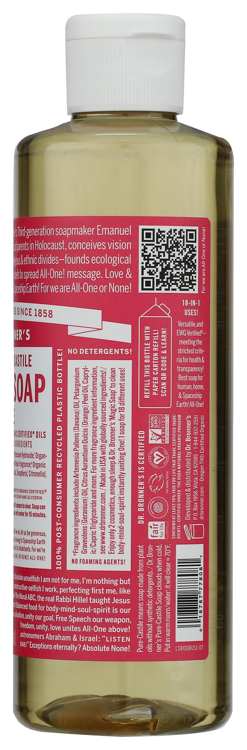 Dr. Bronner's Bio 18-w-1 Konopia i Róża Pure Castile Mydło w płynie, 237 ml