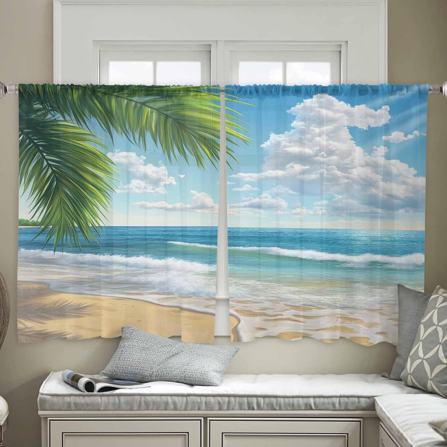 Summer Beach Sheer Curtains 45 Inches Length 2 Panels Set Chiffon Curtain Sheers for Living Room, Coastal Ocean Tropical Palm Trees Rod Pocket Window Drapes Sheer Privacy Curtains Panels