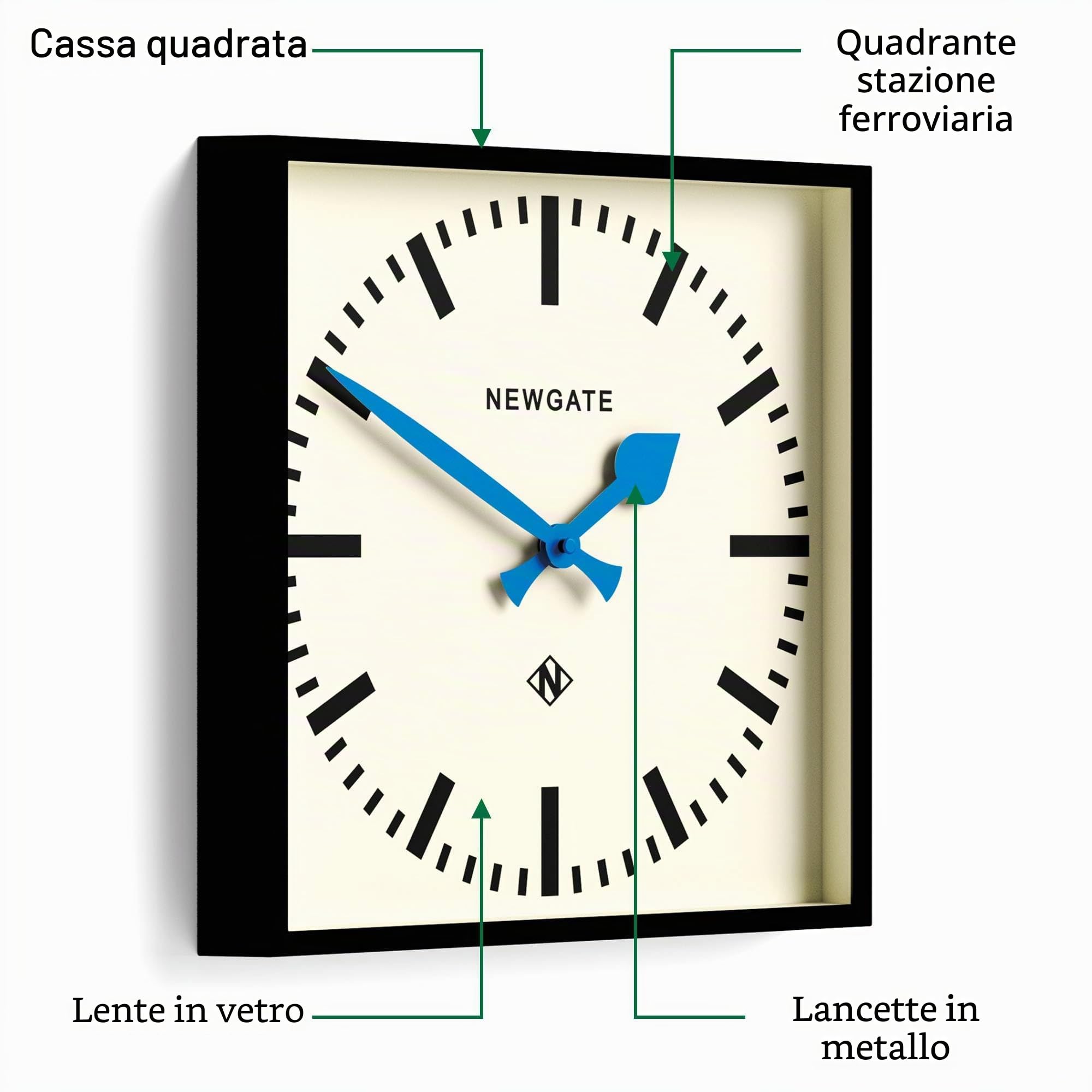Newgate® Number Five Orologio a parete | Orologio moderno della stazione ispirato al retro quadrato | 40cm | Nero con mani blu | Stile di metà secolo per cucina, soggiorno o ufficio