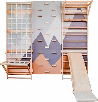 Wood And Hearts 5in1 Modular Swedish Wall Gym Set for Kids Indoor Active Play Swedish Ladder with Adjustable Pull-Up Bar, Rock Climbing & Indoor Slide Base Set+2-Sided Ramp with Mat+Sit-Up Bar
