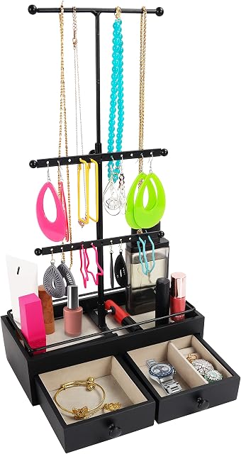 BELLE VOUS 3 Tier Black Jewellery Holder Display Stand - 20 Earing holder, 10/20 Necklace and Bracelet Holder, 4 Storage Compartment with Adjustable Hanging Height - Tabletop Tree Hanging Organiser