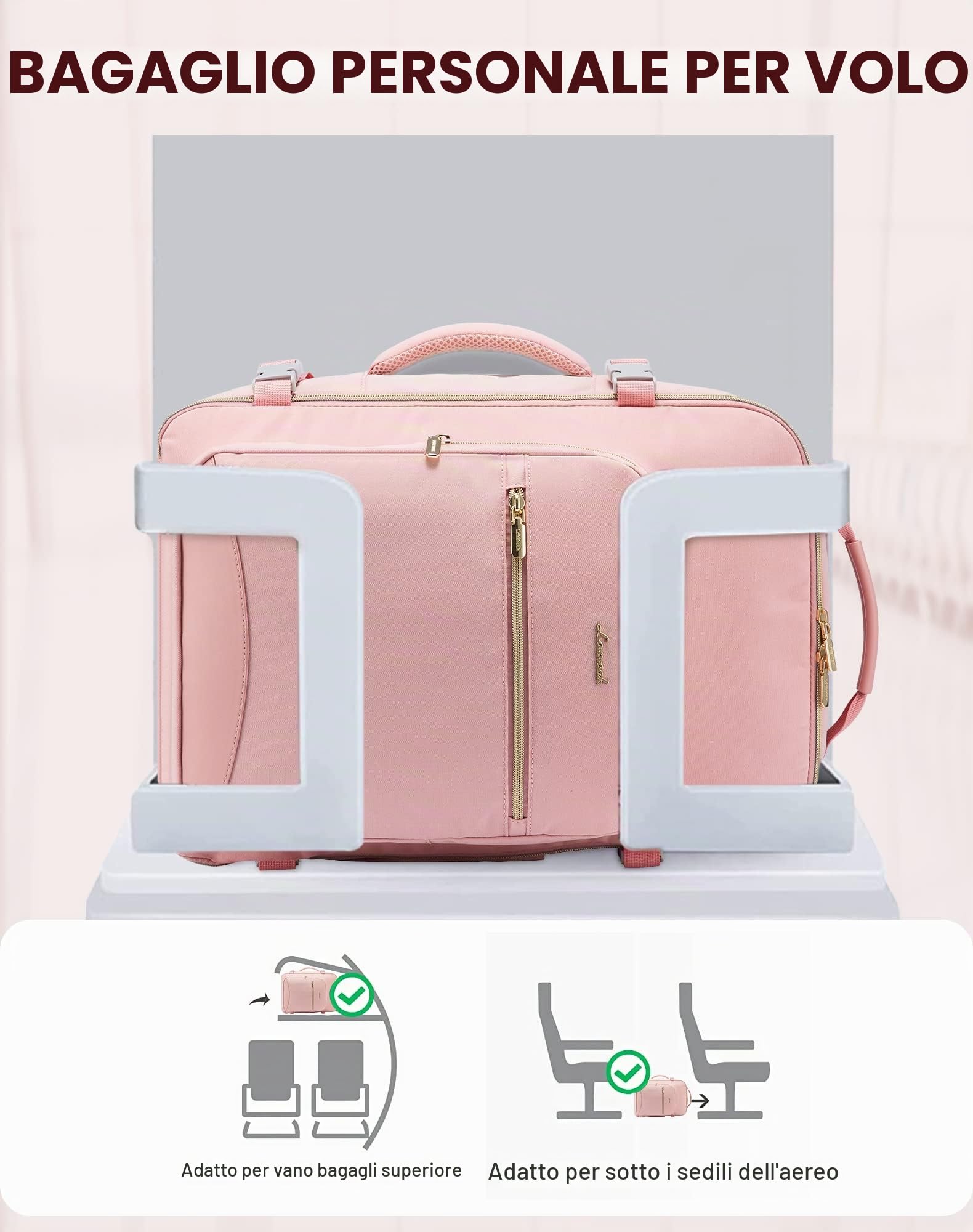 LOVEVOOK Zaino da Viaggio Aereo Bagaglio a Mano Donna Uomo Impermeabile 40L | Trolley Cabin Max per Ryanair Easyjet, Grande Porta PC 17 Pollici Valigia Borsa a Zainetto Rosa