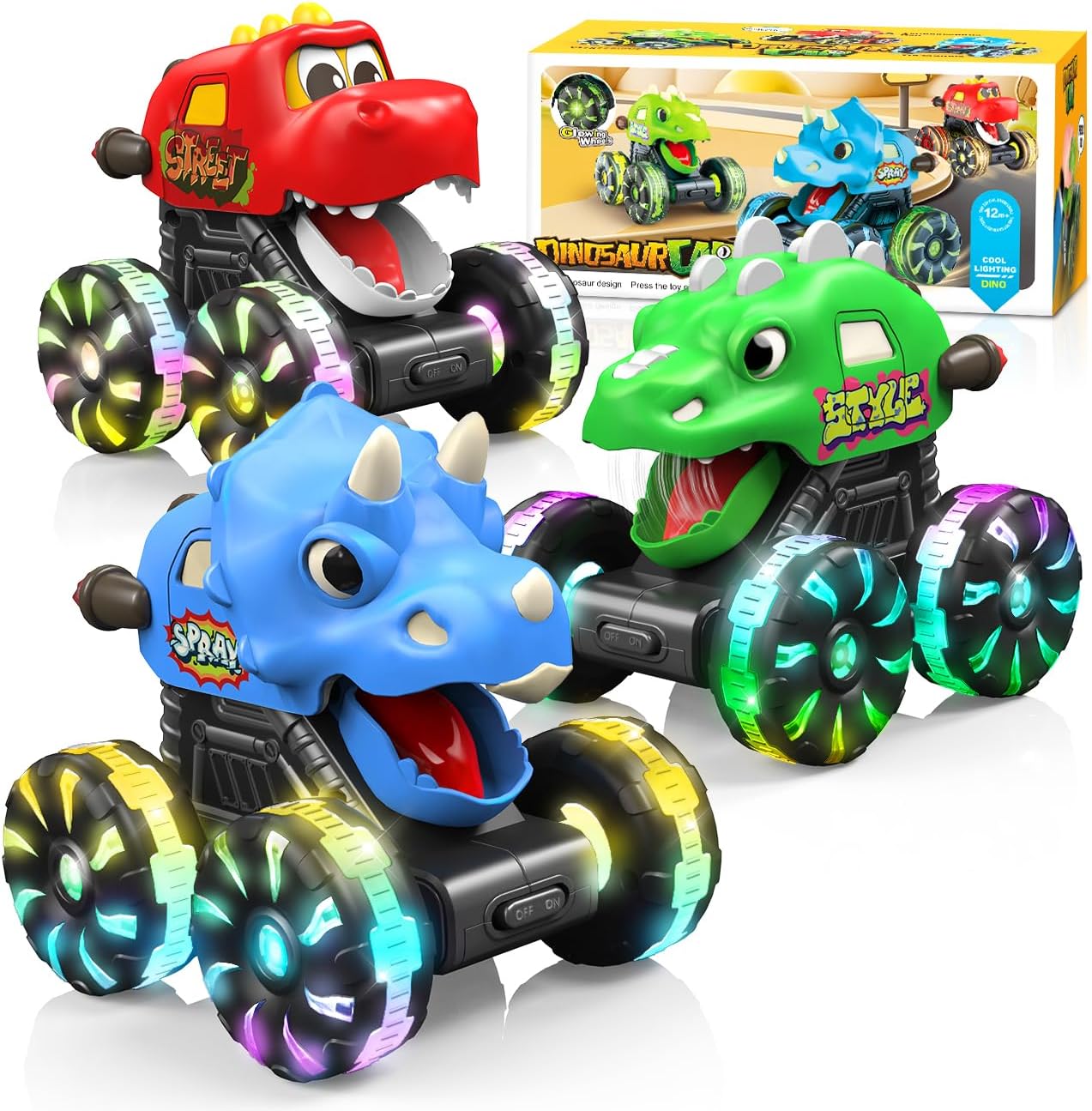 Dinosaur Monster Trucks for Toddlers 2-4: Toy Cars 3 Pack for Toddler Age 1-3,Light-Up Truck,Moving Mouth, Car Toys for 1 Year Old Boy,Dinosaurs Toy Kids 3-5,5-7,Boys Girls Gifts (Blue-Green-Red)