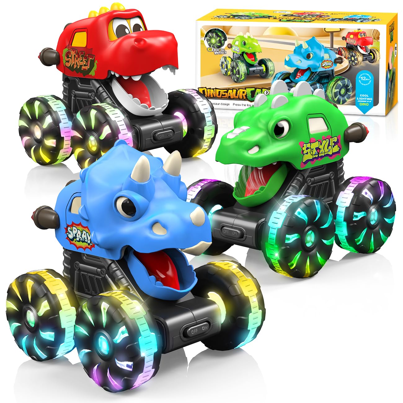 Dinosaur Toys for Boys: Monster Truck 3 Packs, Toy Cars for 2 Year Olds with Light,Press & Go baby Car,Birthday Gifts for Kids Ages 2-4,Christmas Idea 3-5,5-7 Boy Girls