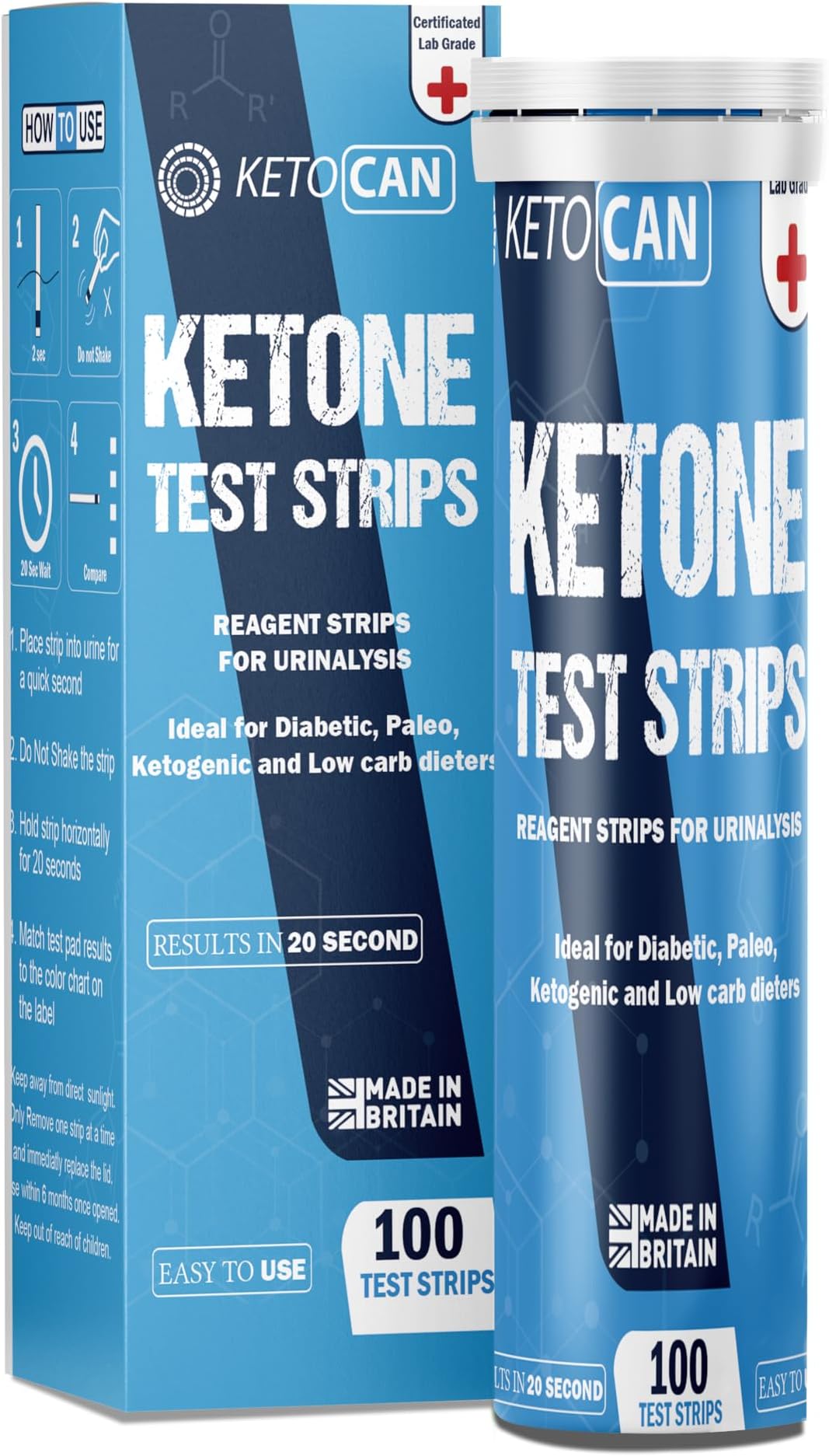 Keto CAN Ketone Test Strips, 100 Test Strips, Made in UK, Aluminium Tube, IVD Certified Lab Grade, Reagent Strips for Urinalysis