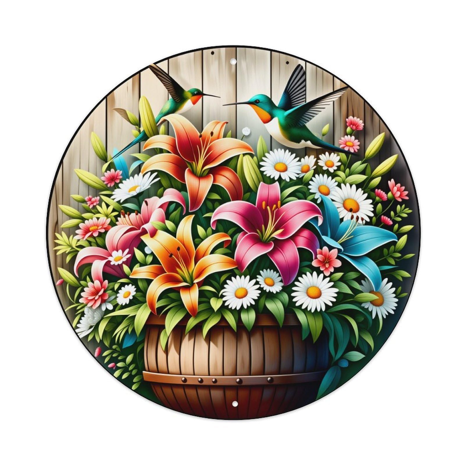 Floral Hummingbird Bucket Garden Art Round Tin Sign Vintage Metal Poster Retro Bar, Home, Man Cave, Kitchen, Laundry Room Wall Art Decor Gift 8x8Inch