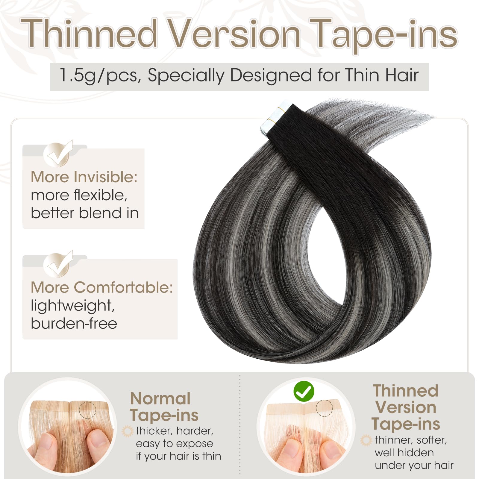 Elailite Tape in Hair Extensions Human Hair Real Human Hair 10 Pcs Invisible Thin Type - Image 2