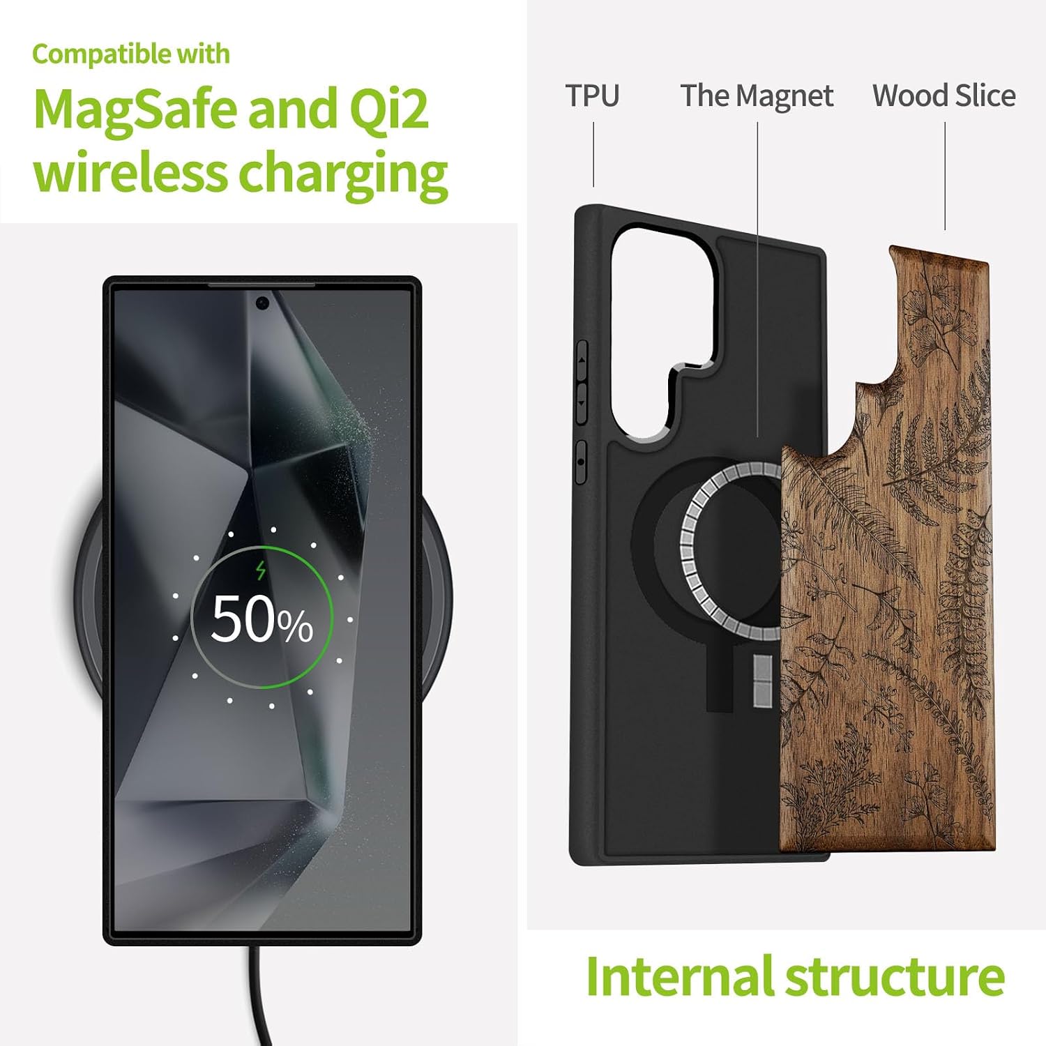 Carveit Magnetic Wooden Case for Samsung Galaxy S25 Ultra Case 2025, TPU Shockproof Cover & Wood Artisan Engraved, Compatible with MagSafe Wireless Chargers (Fern Leaves & Herbs) Walnut