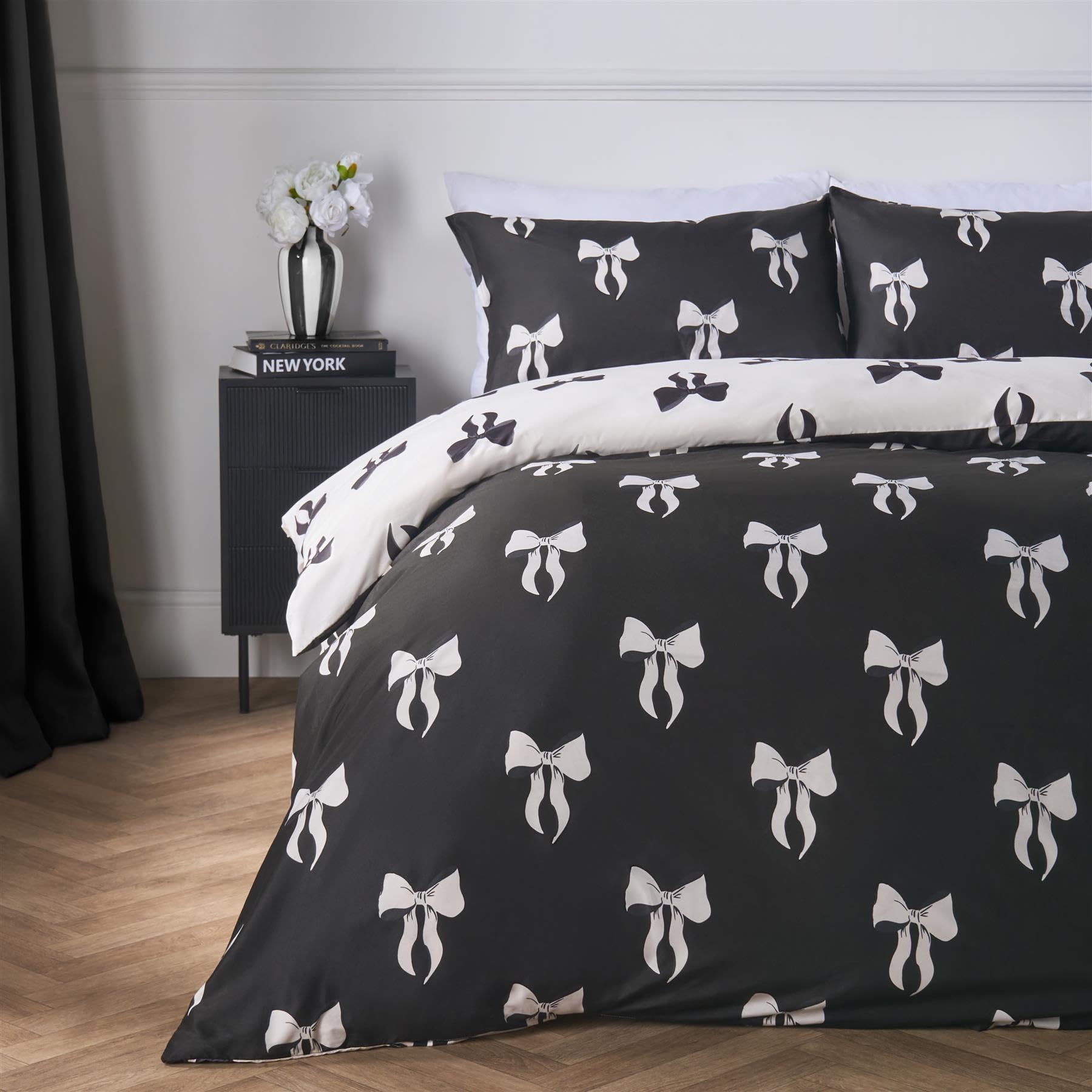 OHS Microfibre Reversible Bow Print Duvet Cover With Pillowcase Bedding Set from B&Q