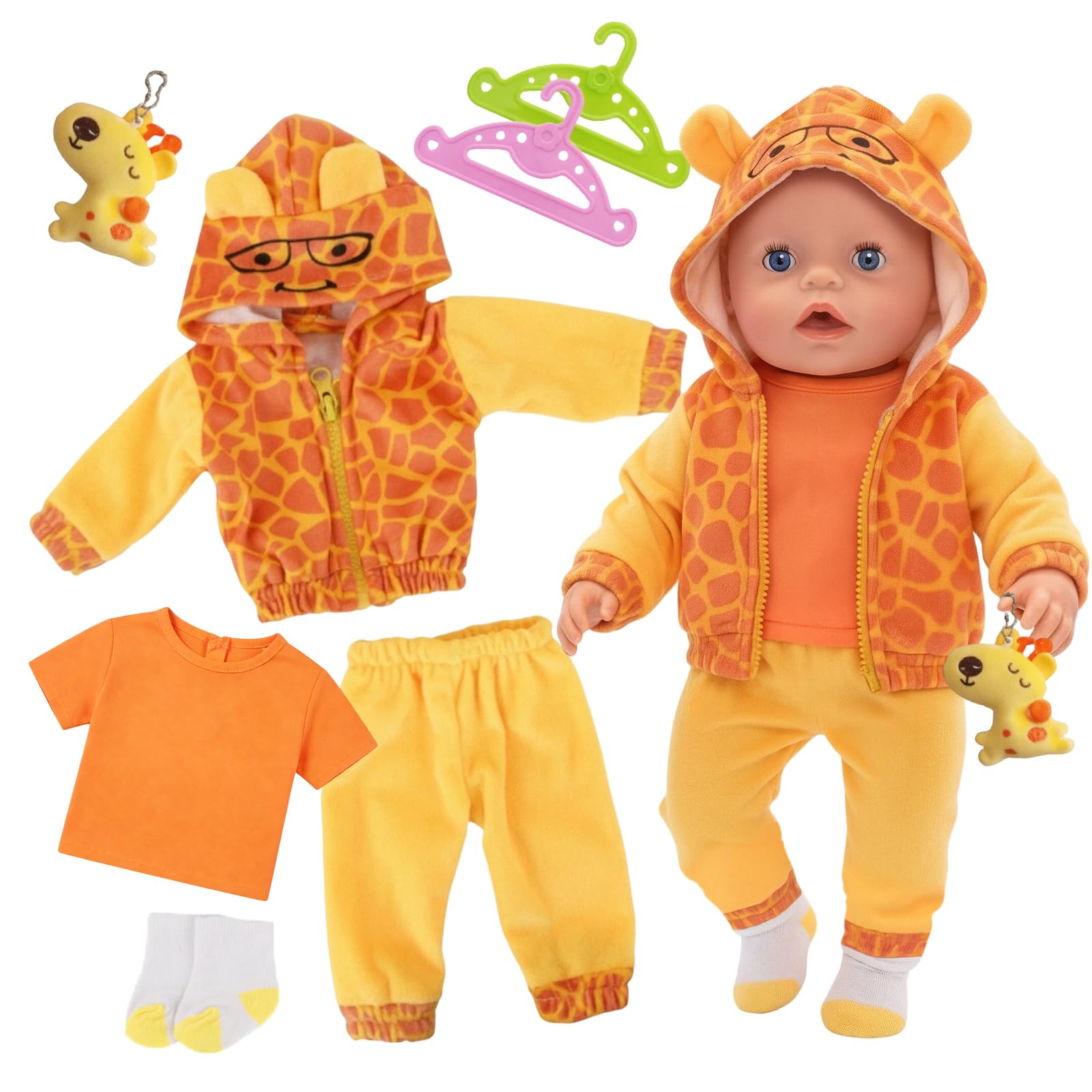 7 Pcs Baby Doll Clothes for 14-18 Inch Baby Doll, Baby New Doll Clothes Outfits 30-43 cm Accessories with 1 Hoodie 1 Sweatpants 1 Top 1 Small Deer Toy 1 Socks 2 Clothes Hangers New Born Baby Dolls