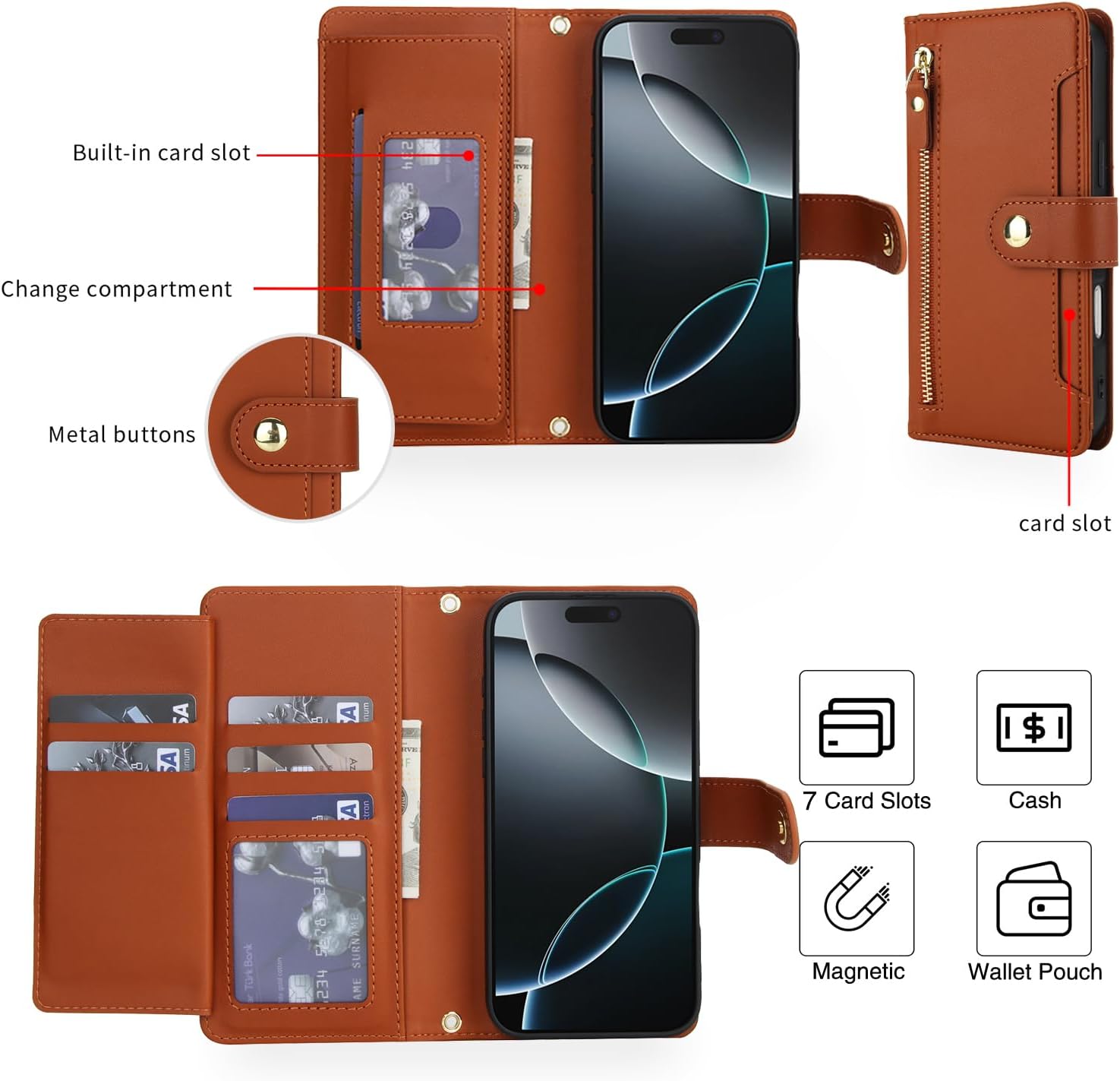 Asuwish Phone Case for iPhone 17 Pro 6.3 inch Zipper Wallet Cell Cover, with Tempered Glass Screen Protector and Crossbody Wrist Strap, Flip Credit Card Holder i Phone17 i17 17Pro Women Girls Brown