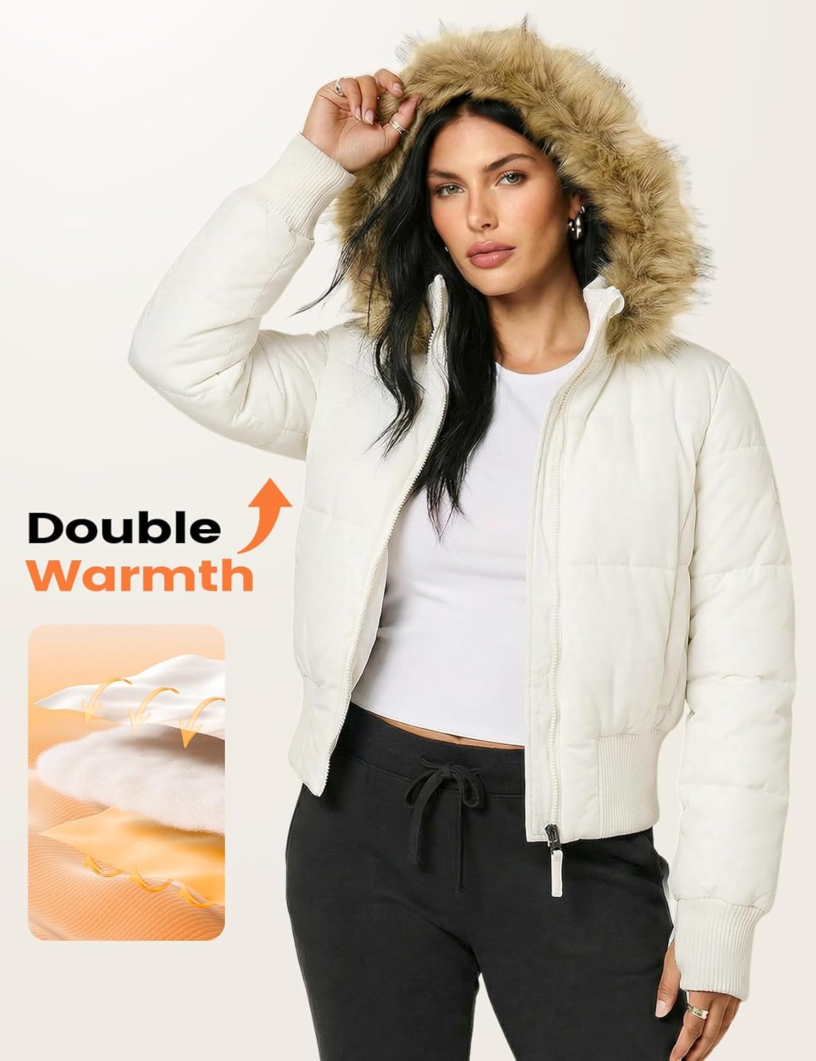 Wyeysyt Women's Cropped Puffer Jacket Winter Quilted Jacket with Faux Fur Trim Hood Bomber Coat(Beige-L) - Image 5