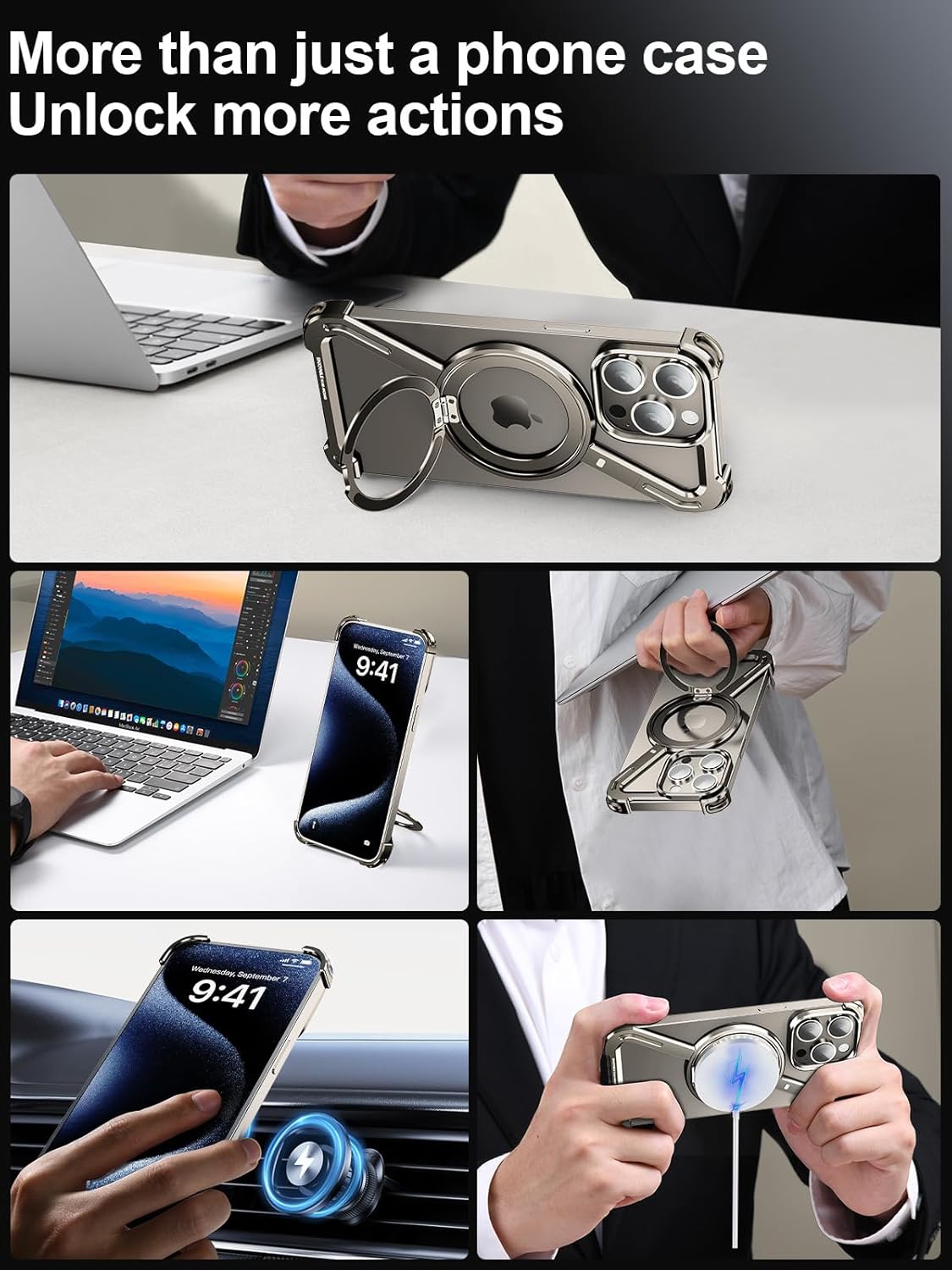 Z Case Natural Titanium for iPhone 16 Pro Max Phone Case,Frameless with Stand,360°Rotating Magnetic Kickstand Ring Protective Case,Slim Shockproof Bumper Cases for iPhone 16 Pro Max