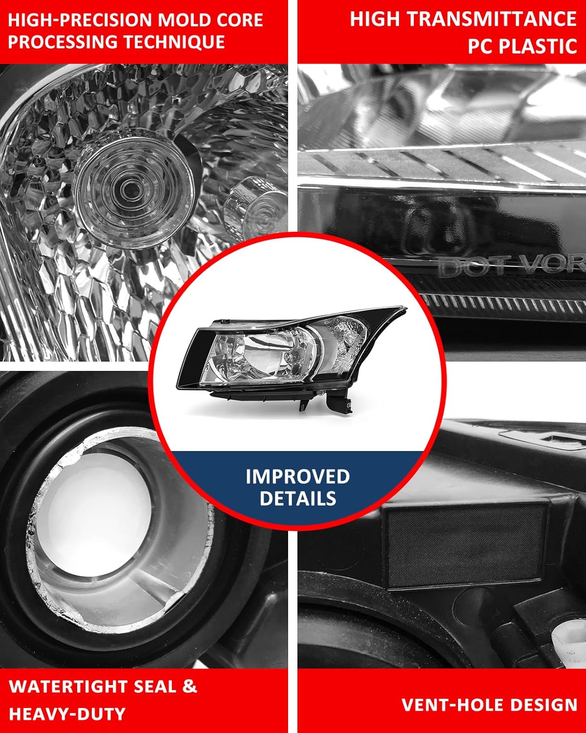 Compatible with Chevy 2011-2015 Cruze LS/LT/LTZ Black Housing Headlight Assembly fit 2016 Cruze Limited Matte Clear Lens Headlamp Replacement Driver and Passenger Pair（W/O Bulbs）