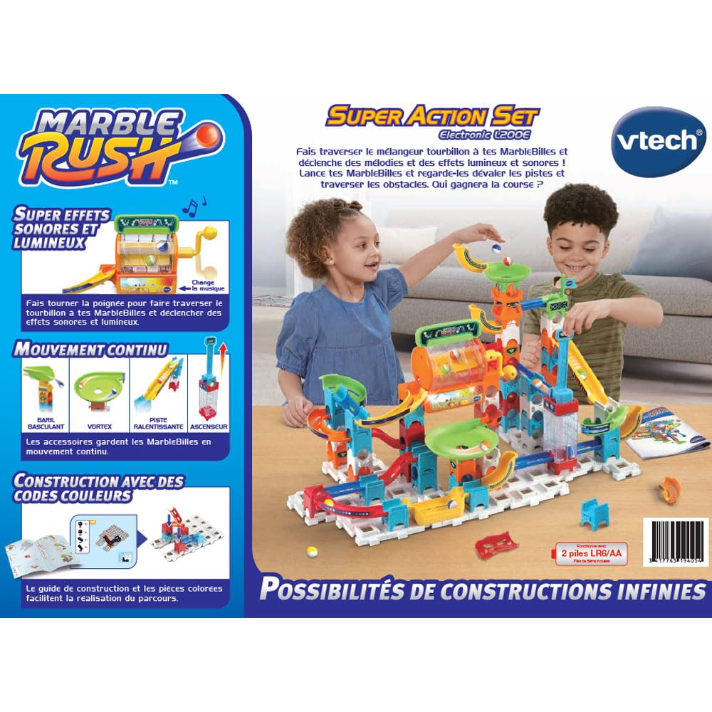 VTech - Marble Rush, Circuit à Billes Électronique Super Action Set Electronic L200E, Jeu de Construction, 102 Pièces, 10 Billes, Cadeau Enfant Dès 4 Ans - Contenu en Français