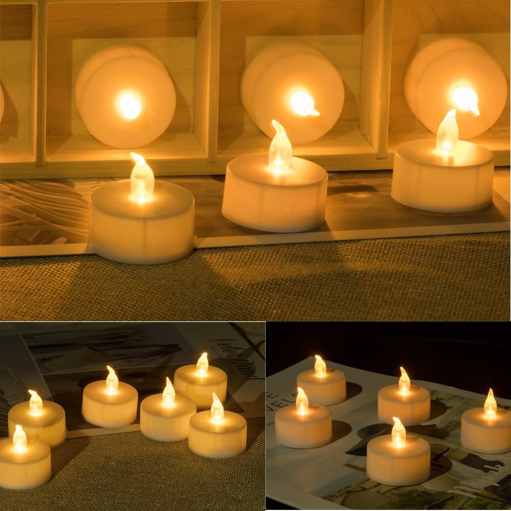 Realistic Bright Flameless LED Tea Light Candles, Bright, Flickering, Battery Powered Fake Candles, Unscented Tea Lights, Pack of 24