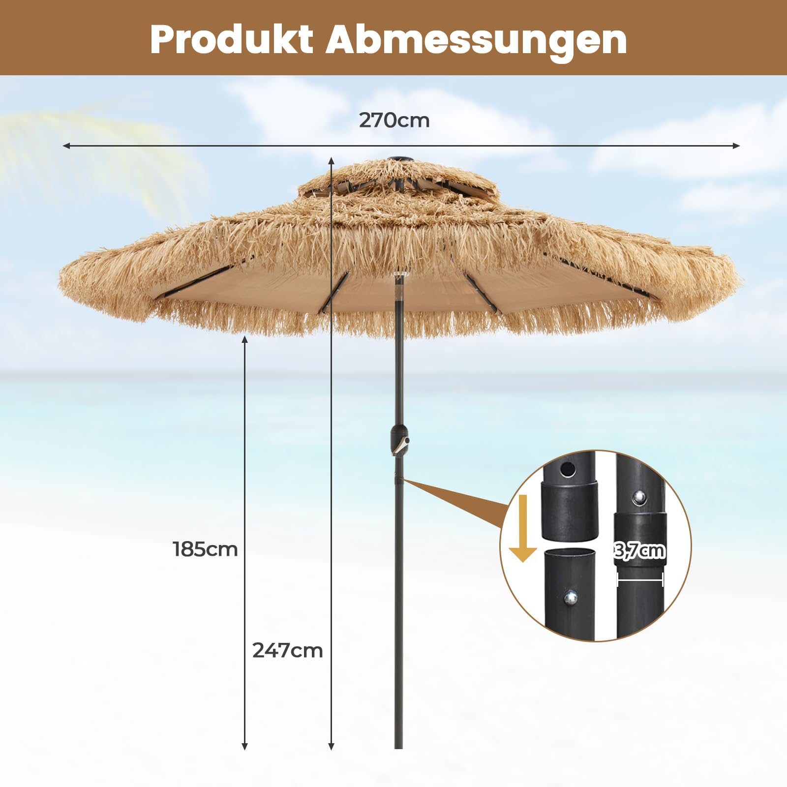 GOPLUS Sonnenschirm Hawaii, Ø 270 cm Strohschirm um 30° knickbar, Strandschirm mit LED-Solar-Beleuchtung, Sonnenschirm Stroh mit Doppeldach & Kurbel, Gartenschirm klappbar für Strand, Balkon & Garten