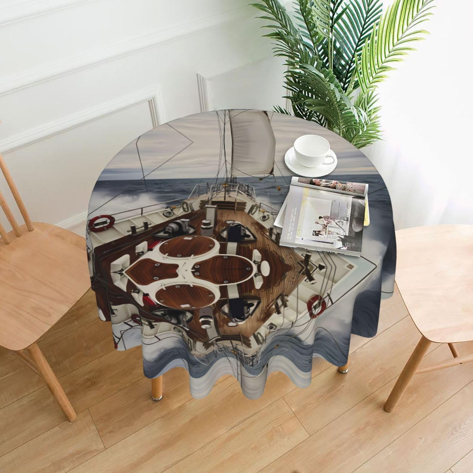 YYHHAOFA Ocean Sailboat Prints Round Decorative Tablecloth 60in - High-Grade Polyester Throw for Dining Tables, Parties, & Outdoor Events