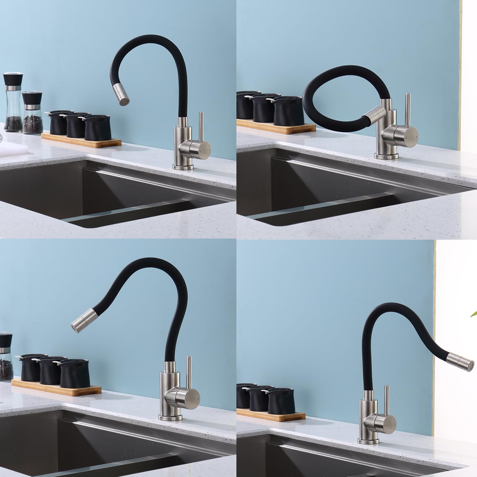 Robinet Cuisine Noir Acier Inoxydable Pivotant 360° 2 Jets Mitigeur Évier