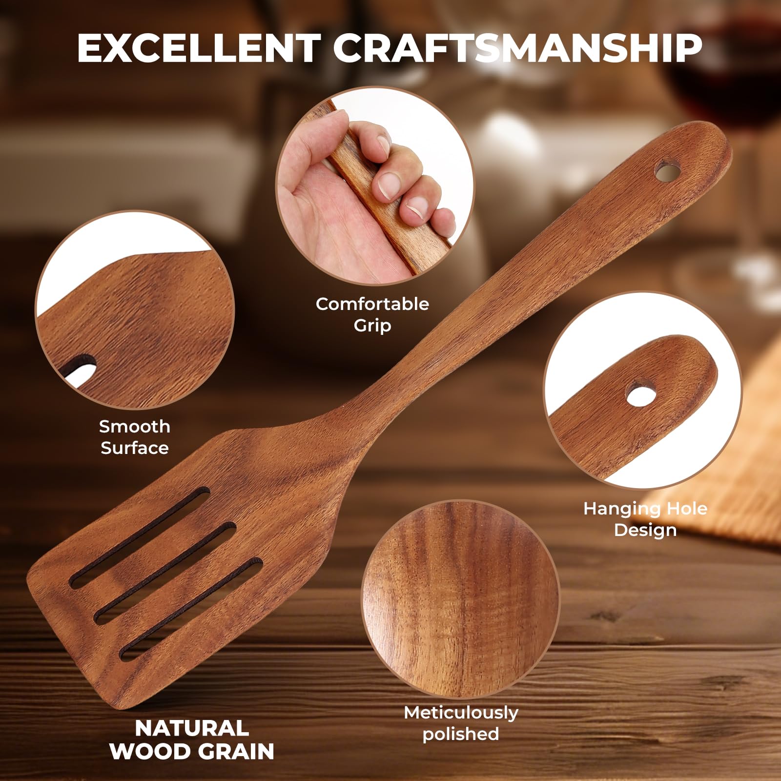 AIUHI Juego de utensilios de cocina de madera, mango de agarre cómodo, juego de utensilios de cocina de teca, antiadherentes, sin arañazos, cucharas de madera premium para cocinar (10 piezas)