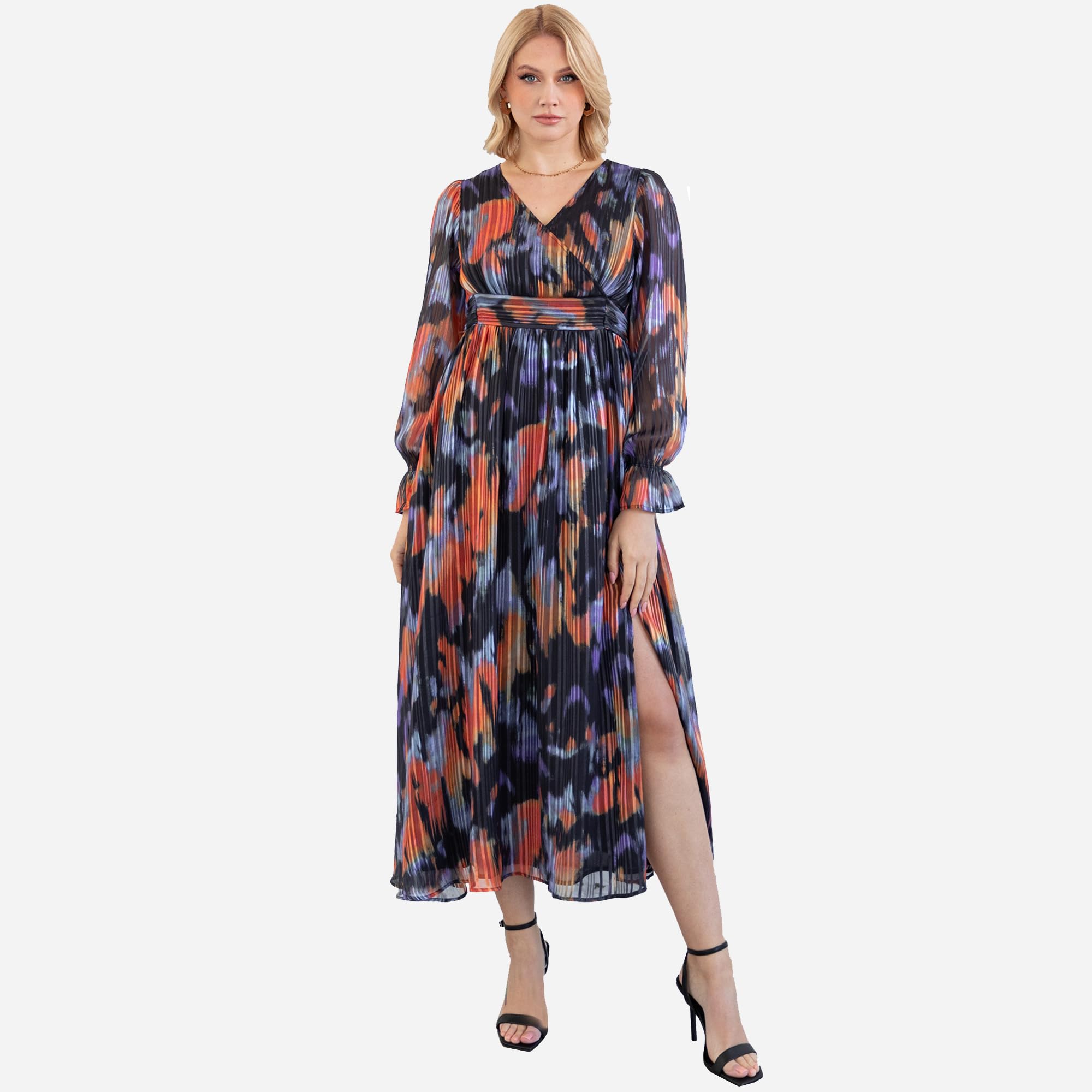 Lovedrobe Women's Midaxi Dress Ladies Ankle-Length Long Sleeve V-Neck Faux-Wrap Front Tie Belt Abstract Print A-Line Evening Party