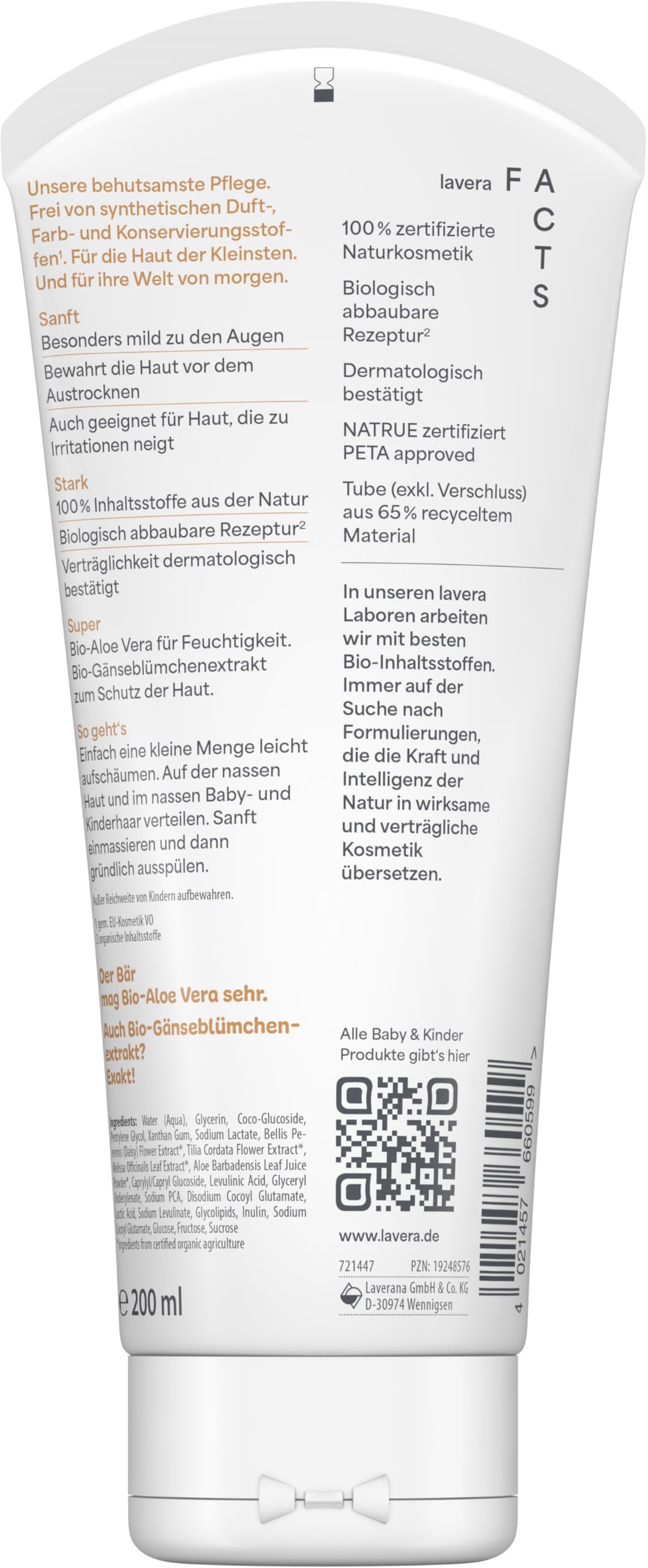 lavera Balsam do mycia niemowląt i dzieci – delikatny dla skóry – delikatne czyszczenie – bez substancji zapachowych i konserwantów – wegańskie – naturalny kosmetyk – 200 ml