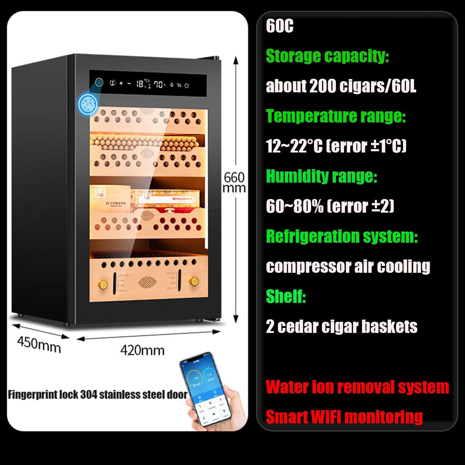 Intelligenter elektrischer Zigarrenhumidor, Zigarrenschrank mit konstanter Temperatur und Luftfeuchtigkeit, Zigarrenhumidor mit App-Steuerung, Zigarrenkühler-Humidor,Humidorschrank aus Zedernholz 60C