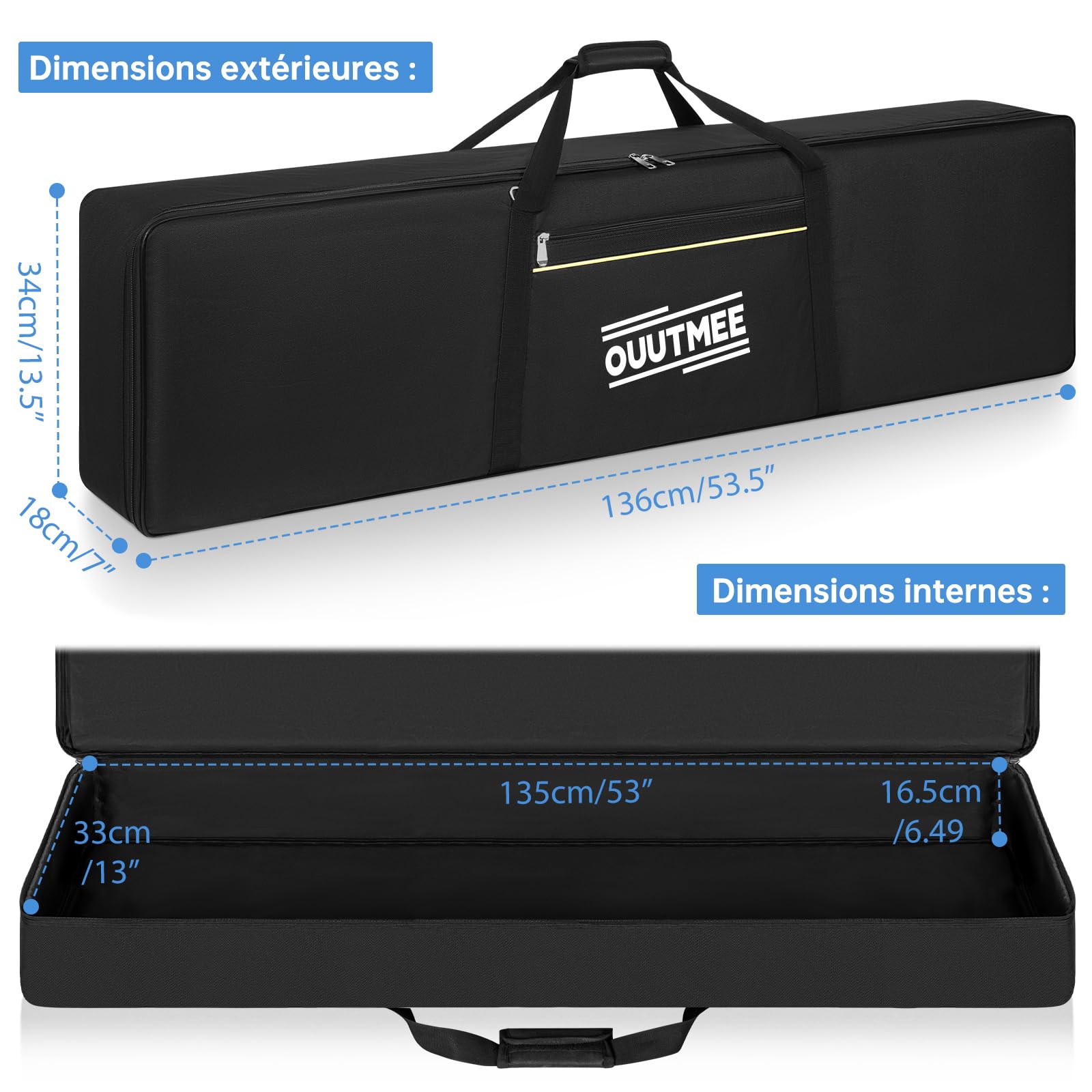 OUUTMEE Housse pour Clavier 88 Touches, Sac pour Clavier 88 Touches en Tissu Oxford 600D, Sac de Transport pour Clavier Piano Électrique 10MM Rembourré avec Poignées et Bandoulière Réglable (Noir)