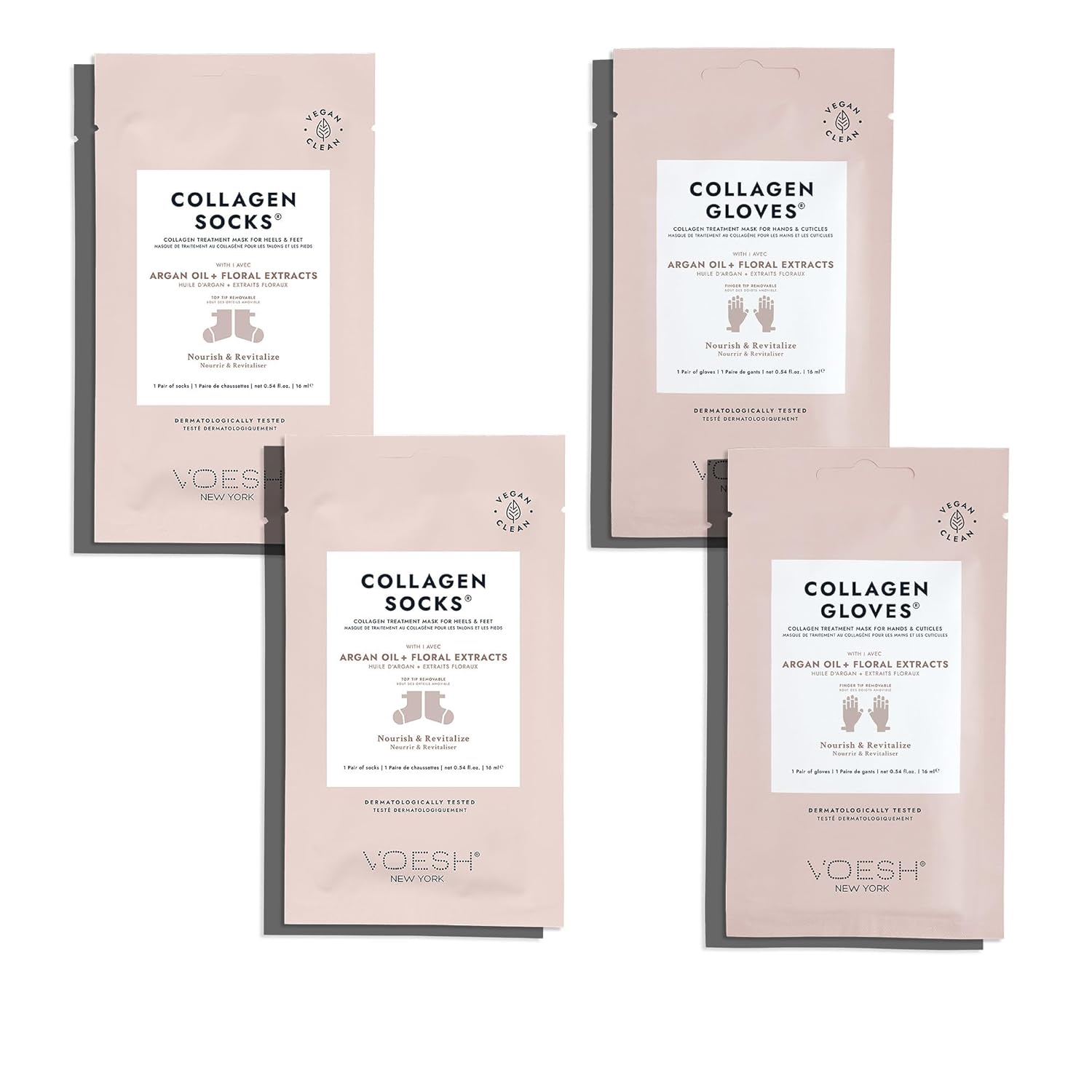 Voesh Collagen Gloves and Socks- Argan Oil, Collagen Infused, 4 Pack, 2 Pack of Gloves, 2 Pack of Socks, at Home Spa, Body Care, Nourishing, Hydrating Gloves and Socks