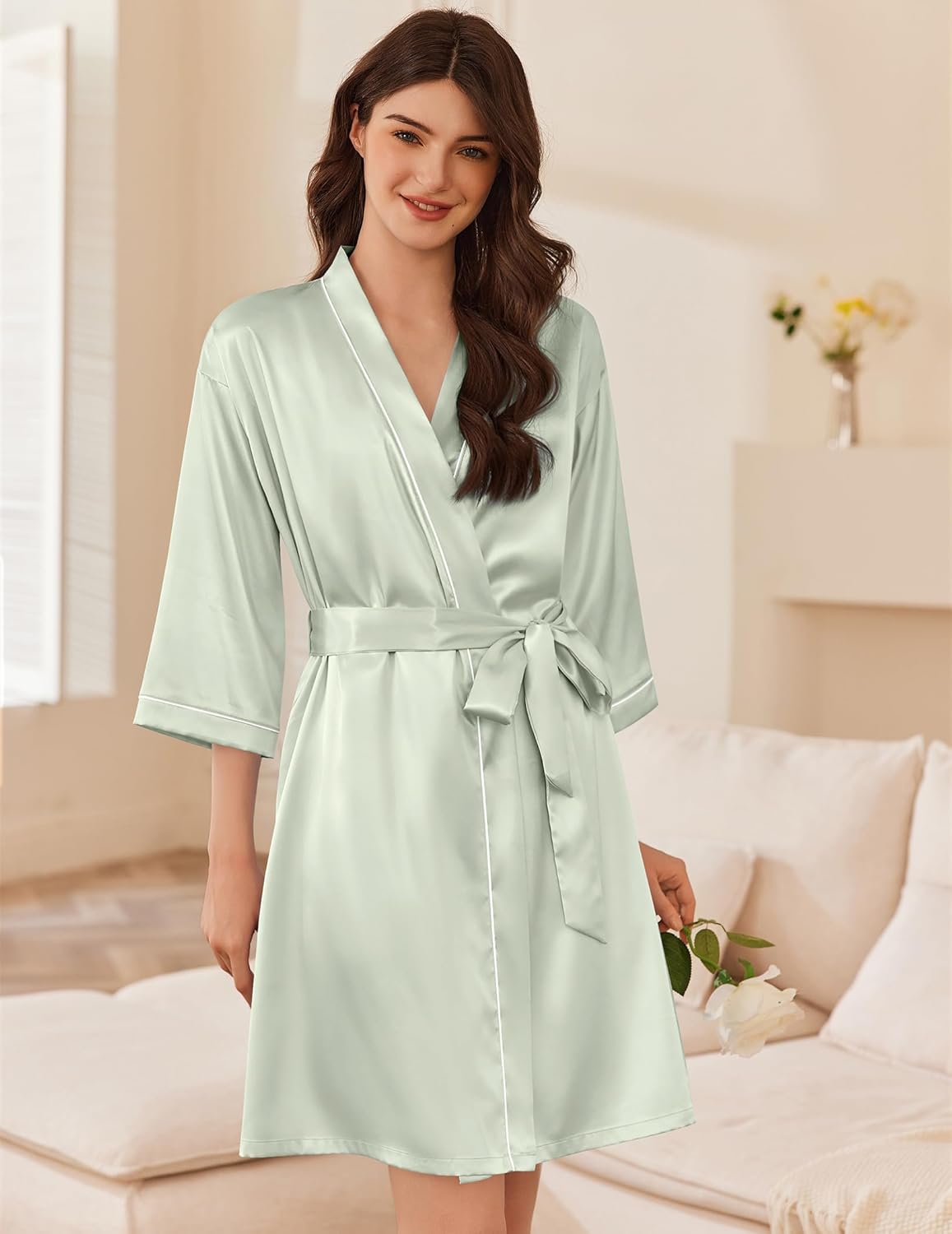Ekouaer Women's Silk Robe Set V Neck 2 Piece Satin Bathrobes 3/4 Sleeves Bridal Sleepwear Sexy Cami Nightgown - Image 2