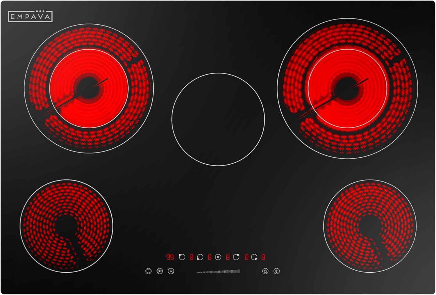 Empava 30 Inch Electric Cooktop, 5 Radiant Burners with 2 Dual-Zone Elements & 100W Warmer, Touch Controls, Timer, Child Lock, Built-in Ceramic Glass, Hardwired, ETL Certified