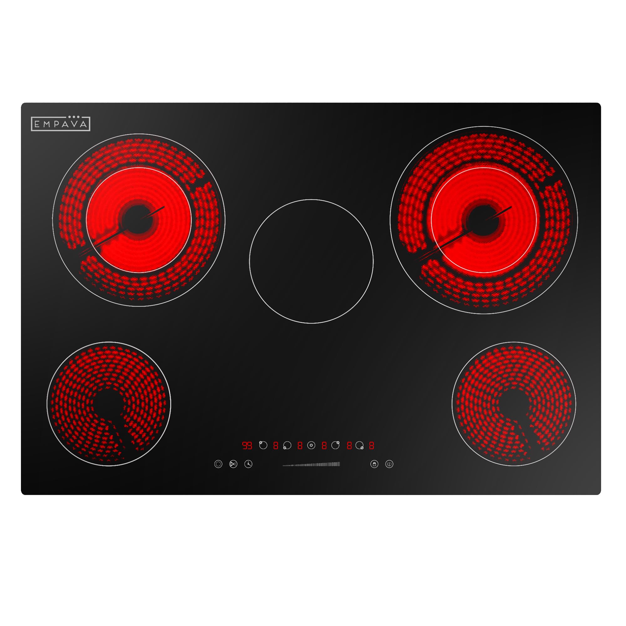 Empava 36 Inch Electric Ceramic Cooktop, 5 Radiant Burners with Dual-Ring Rear Zones &amp; 100W Warmer, Touch Slider Controls, Stop &amp; Go, Child Lock, Built-in, ETL Certified