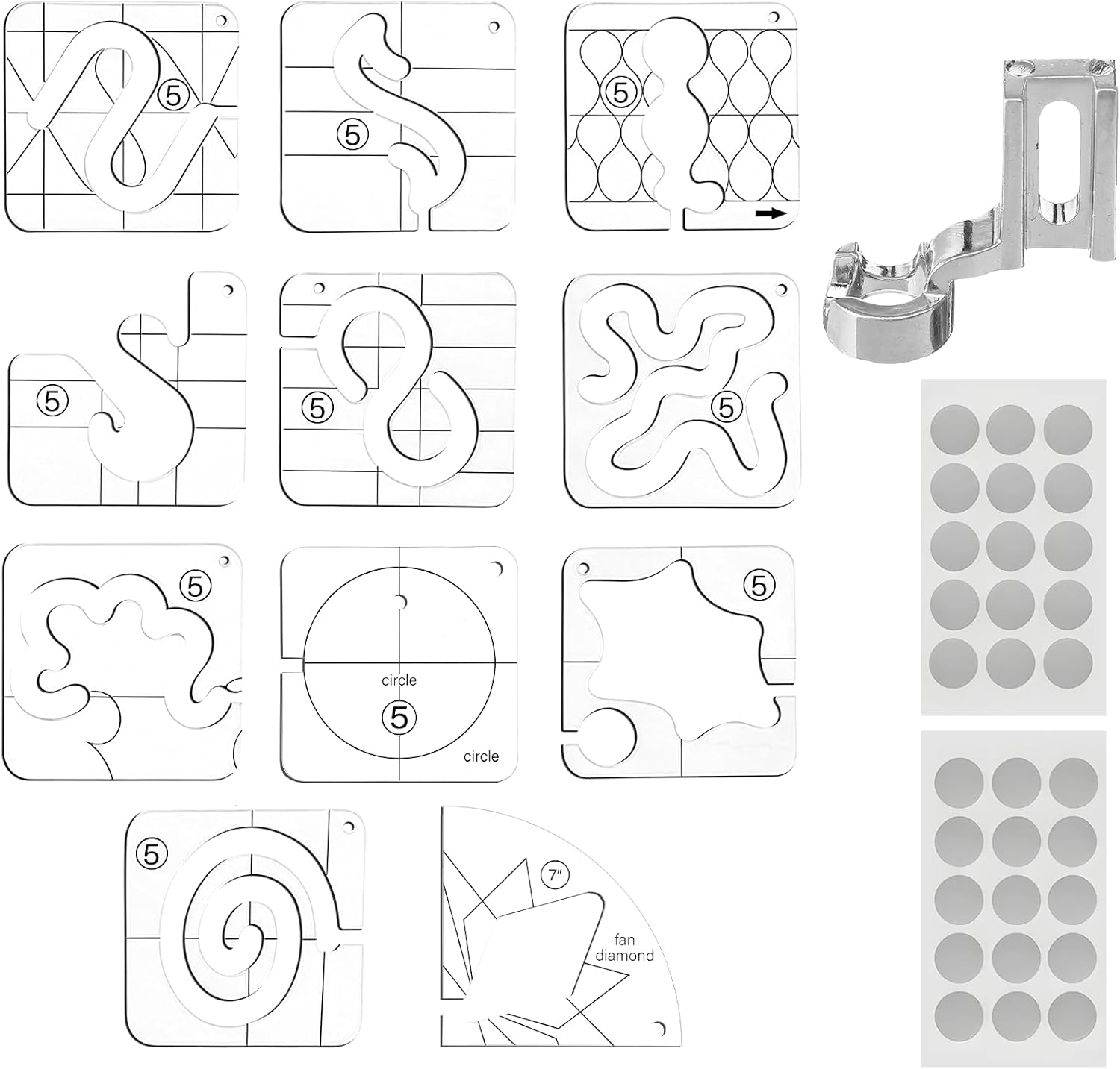 14 PCs Free Motion Quilting Template Set Includes 11 Quilting Templates 3mm, High Shank Ruler Foot, Non-Slip Grips, Universal for Sewing Machines Patchwork