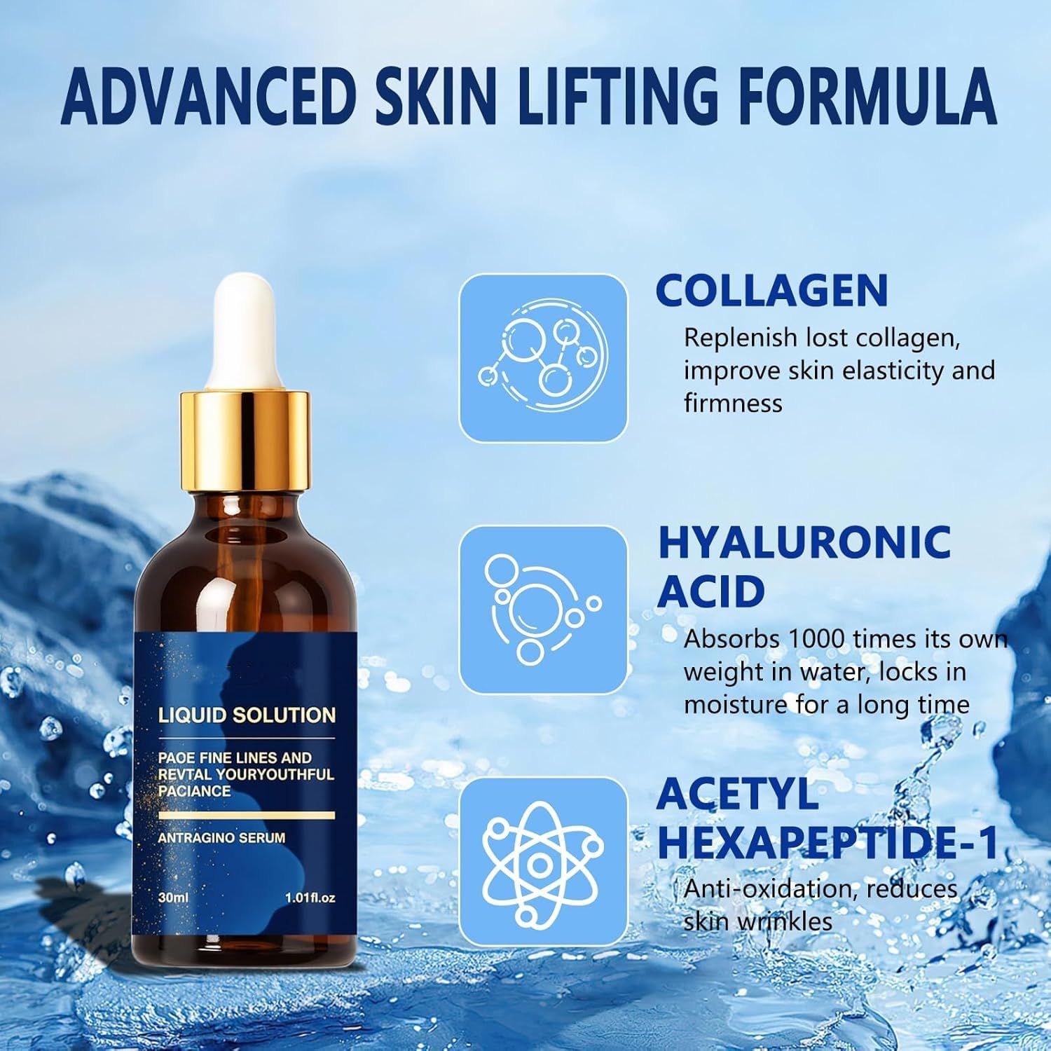 Liquid Solution Anti Aging Serum,Liquid Solution Serum for Wrinkles,Promotes Skin Collagen Production,Instant Wrinkle Removal,Natural and Non-irritating(3Pcs/1.01floz) - Image 2