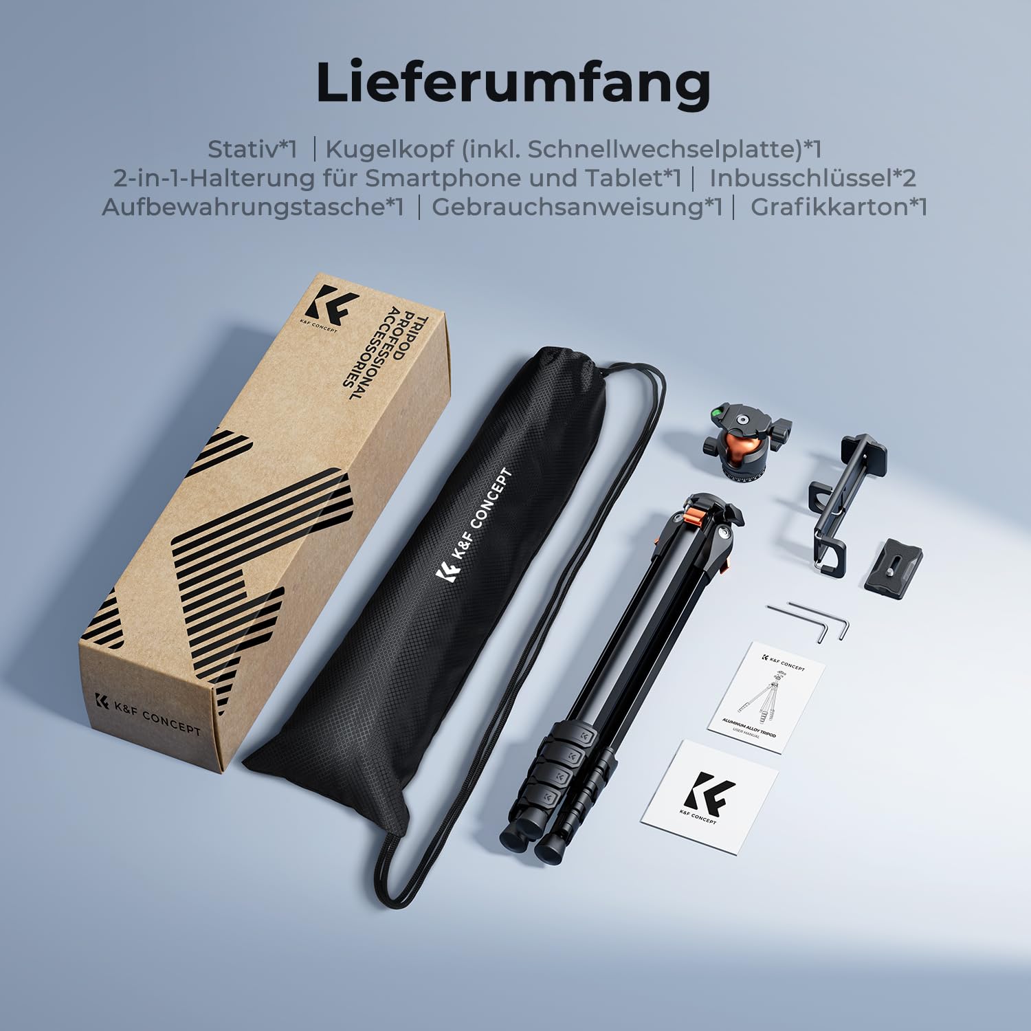 K&F CONCEPT Kamera Stativ Handy Stativ,187cm Kamerastativ, Tripod für Smartphone mit Handy Tablet Halterung, Aluminium Reisestativ A305A1+BH-40