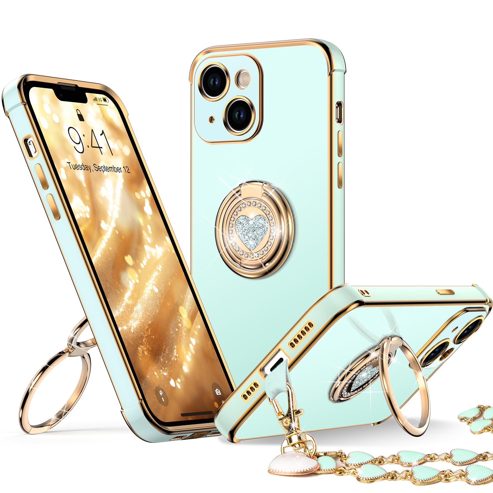 XYZ for iPhone 14 Case with Stand, Phone Case with Double Ring Kickstand, Women Girl Cute Love-Heart Luxury Bling Protective Case Heart for iPhone 14,