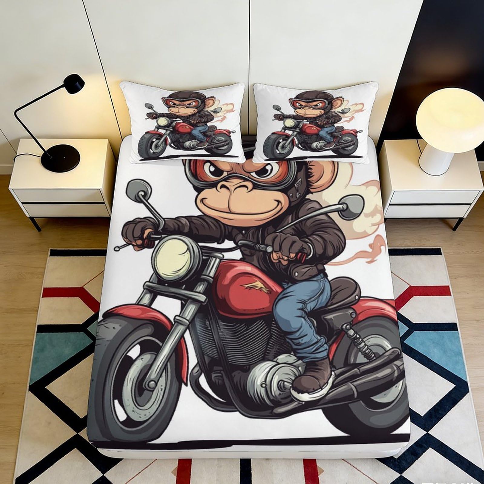 3D Printed Cartoon Monkey Fitted Sheet Microfiber Soft Breathable Biker Bed Cover for Bedroom Dormitory Guest Room Mattress Protection Decor 180x200x25cm