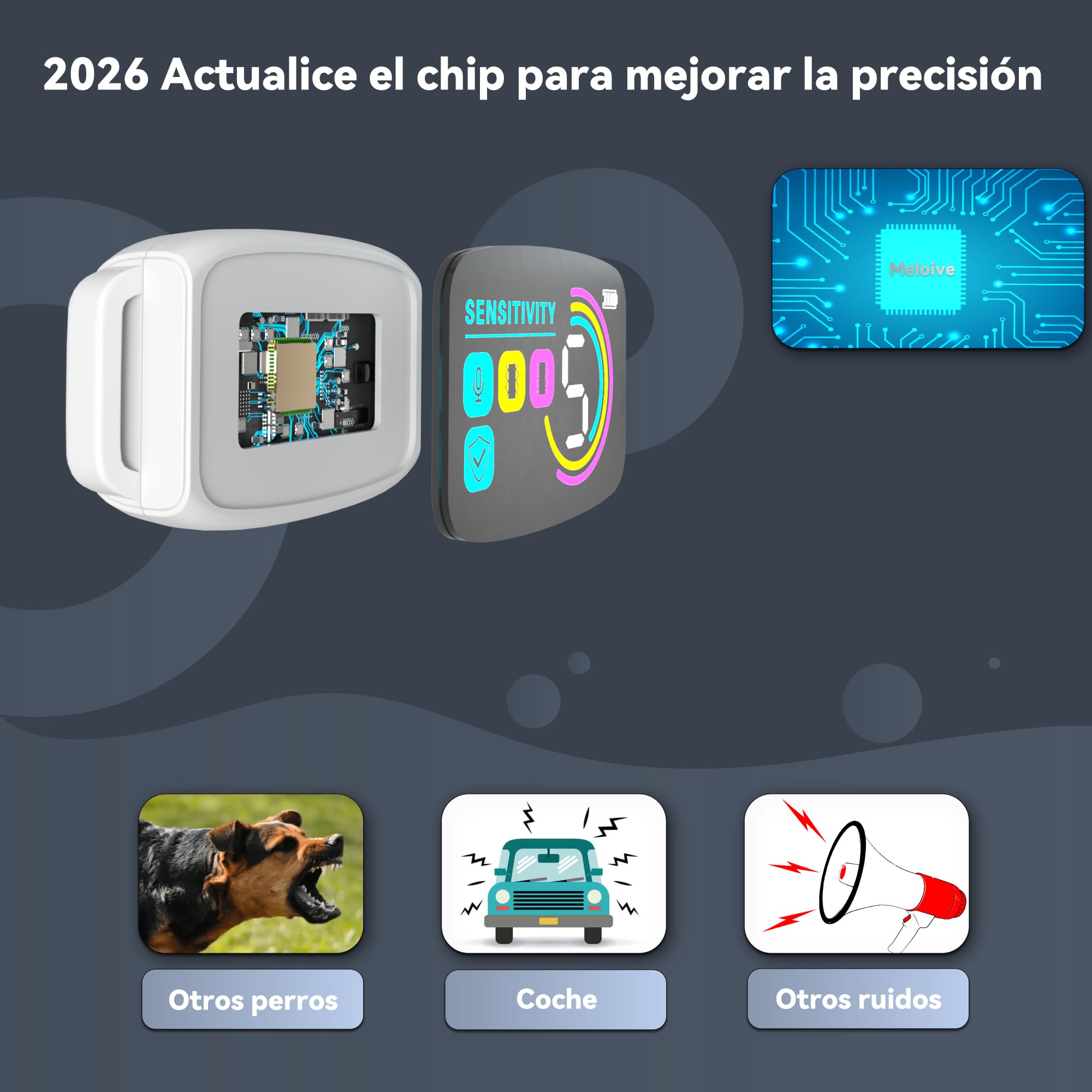 Meloive Collar Antiladridos para Perro,Collar Vibración con 8 Niveles de Sensibilidad Ajustables,4 Modos de Vibración/Fuerte Vibración/Sonido,Resistencia al Agua IP67 y Recargable,Blanco