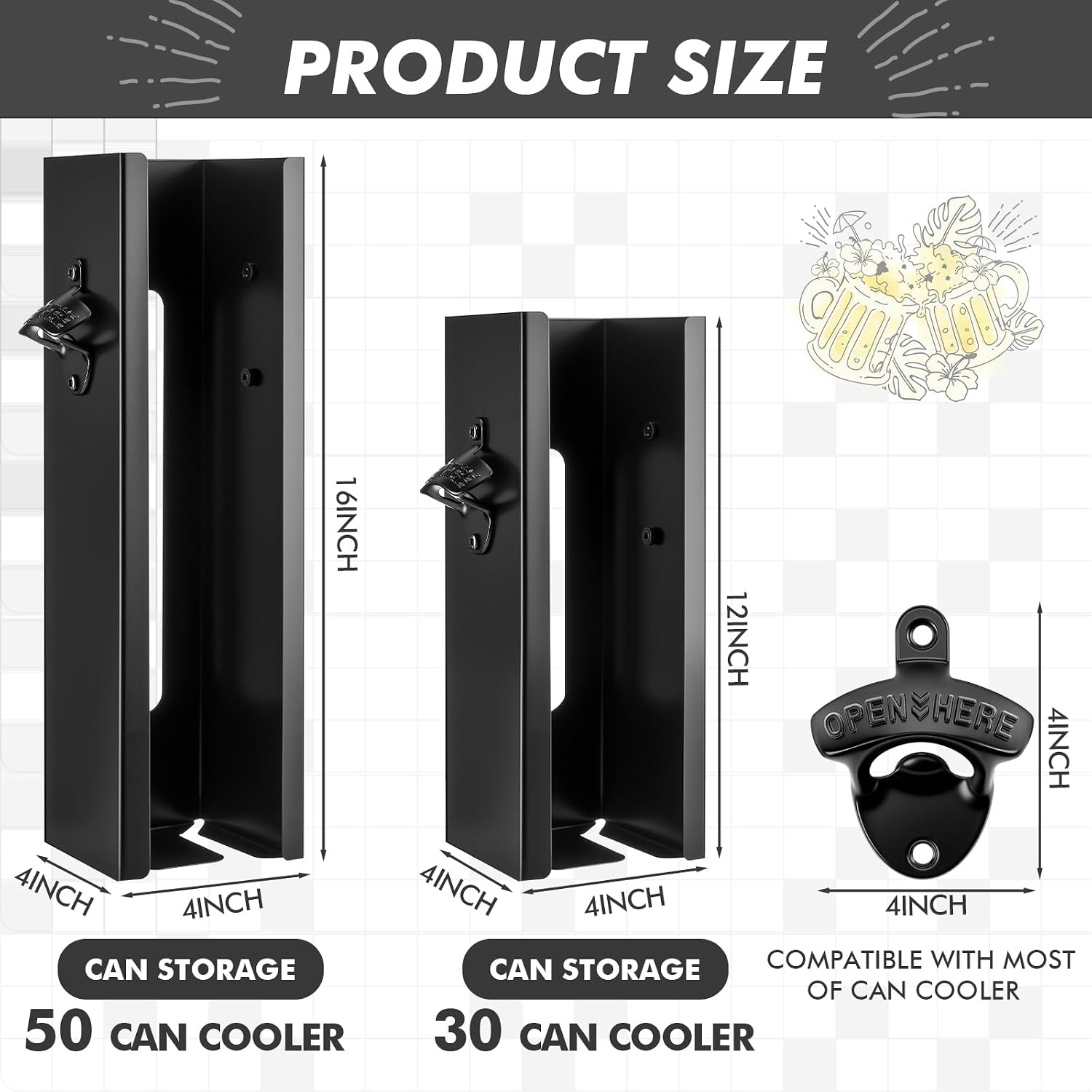 SiliFine 2 Pcs Can Cooler Holder with Bottle Opener 12"+16", 2 in 1 Wall Mounted Personalized Metal Beer Sleeves Storage Organizer and Dispenser Home Family Gifts for Men Dad(Classic)