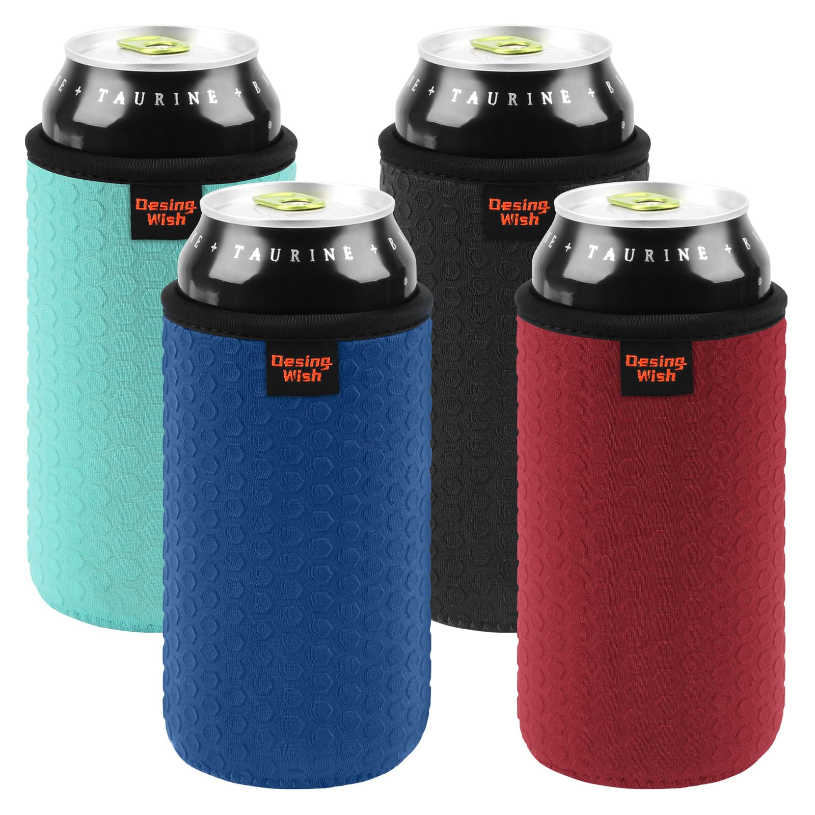 Desing Wish 4 Pack 16oz Can Cooler Sleeves Honeycomb Embossing Insulated Neoprene Soda Cans Sleeves Holders Non-slip Can Insulator Sleeves - Black/Red/Blue/Cyan