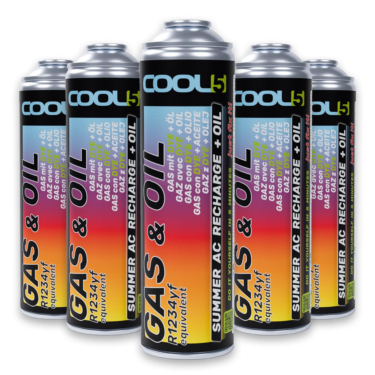 5 X Summer AC Recharge + olio – Refrigerante con olio – Gas di ricambio per aria condizionata auto – Set di ricarica climatica auto – aria condizionata refrigerante – gas di ricarica – per auto